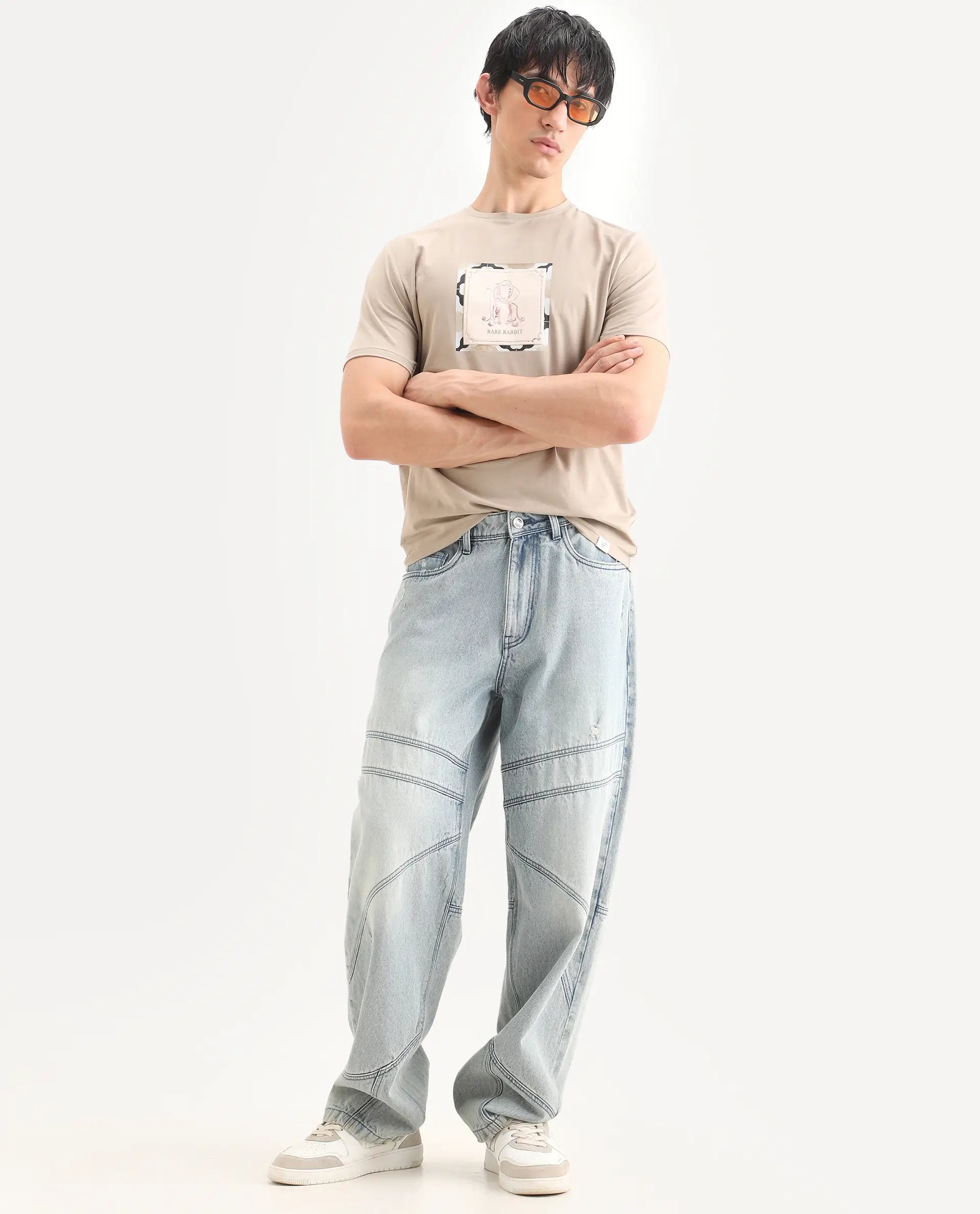 Rare Rabbit Men's Rent Beige Cotton Blend Fabric Half Sleeve Crew Neck Regular Fit Graphic Print T-Shirt