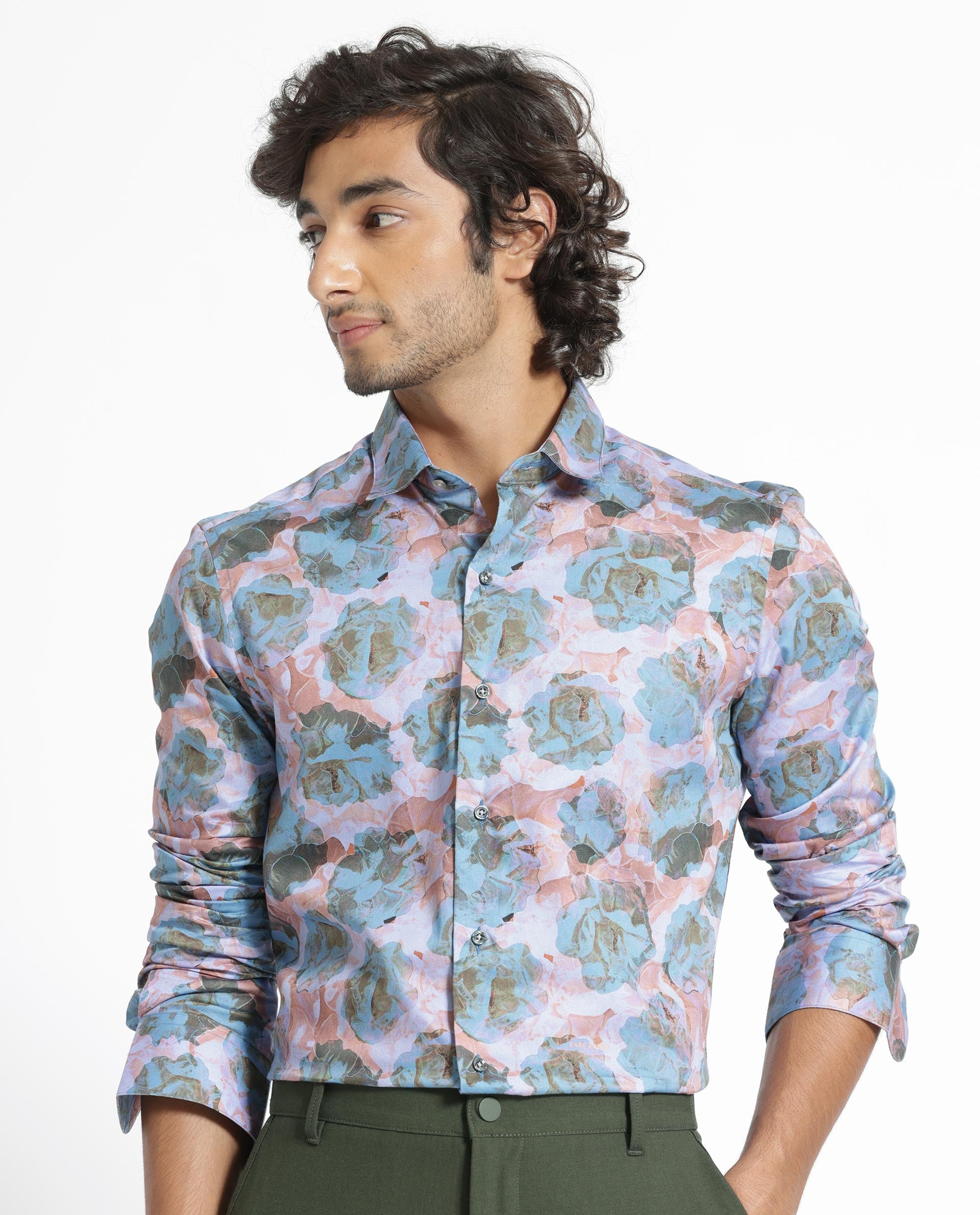 Rare Rabbit Men's Renzoo Blue Cotton Viscose Fabric Floral Print Full Sleeves Shirt