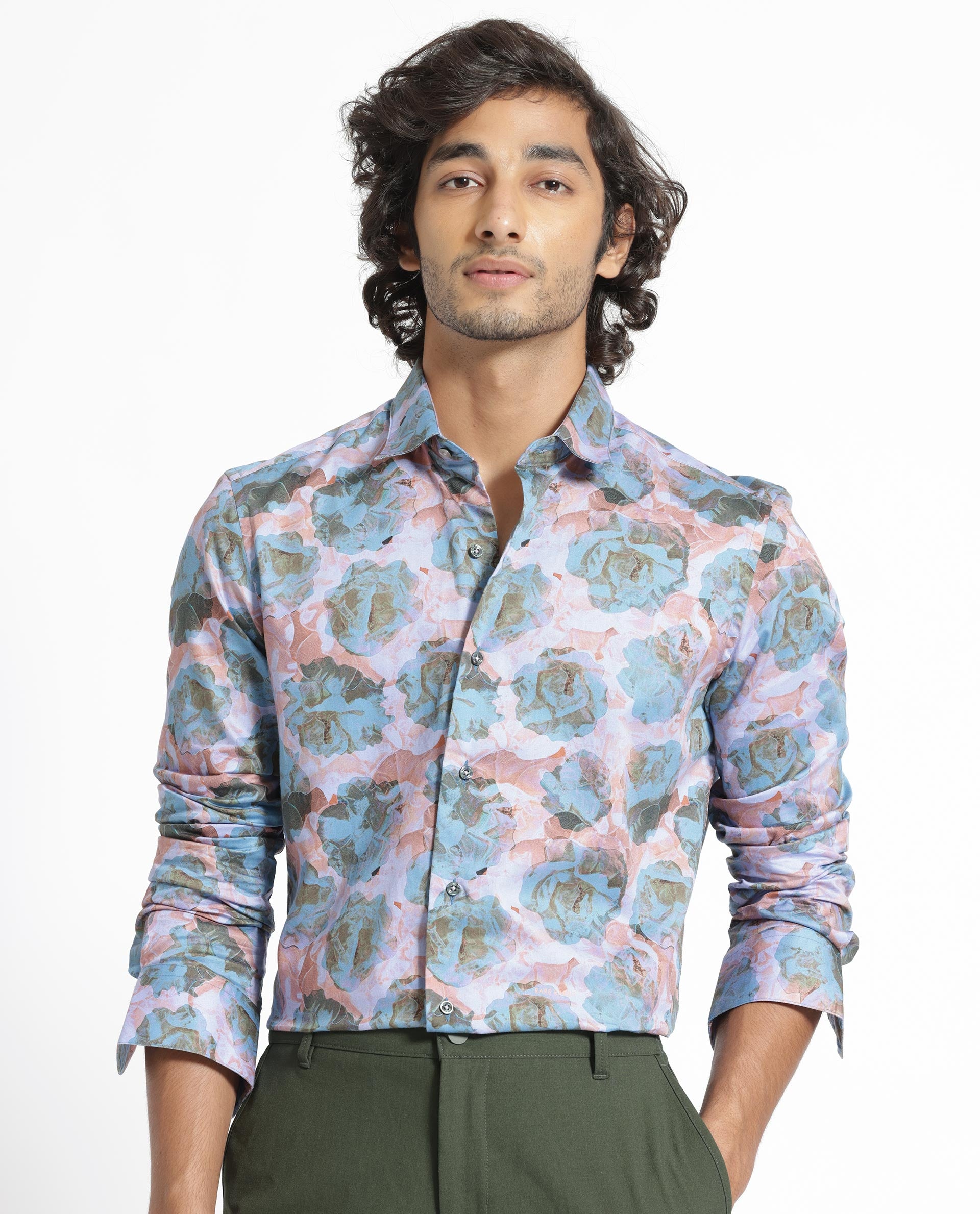 Rare Rabbit Men's Renzoo Blue Cotton Viscose Fabric Floral Print Full Sleeves Shirt