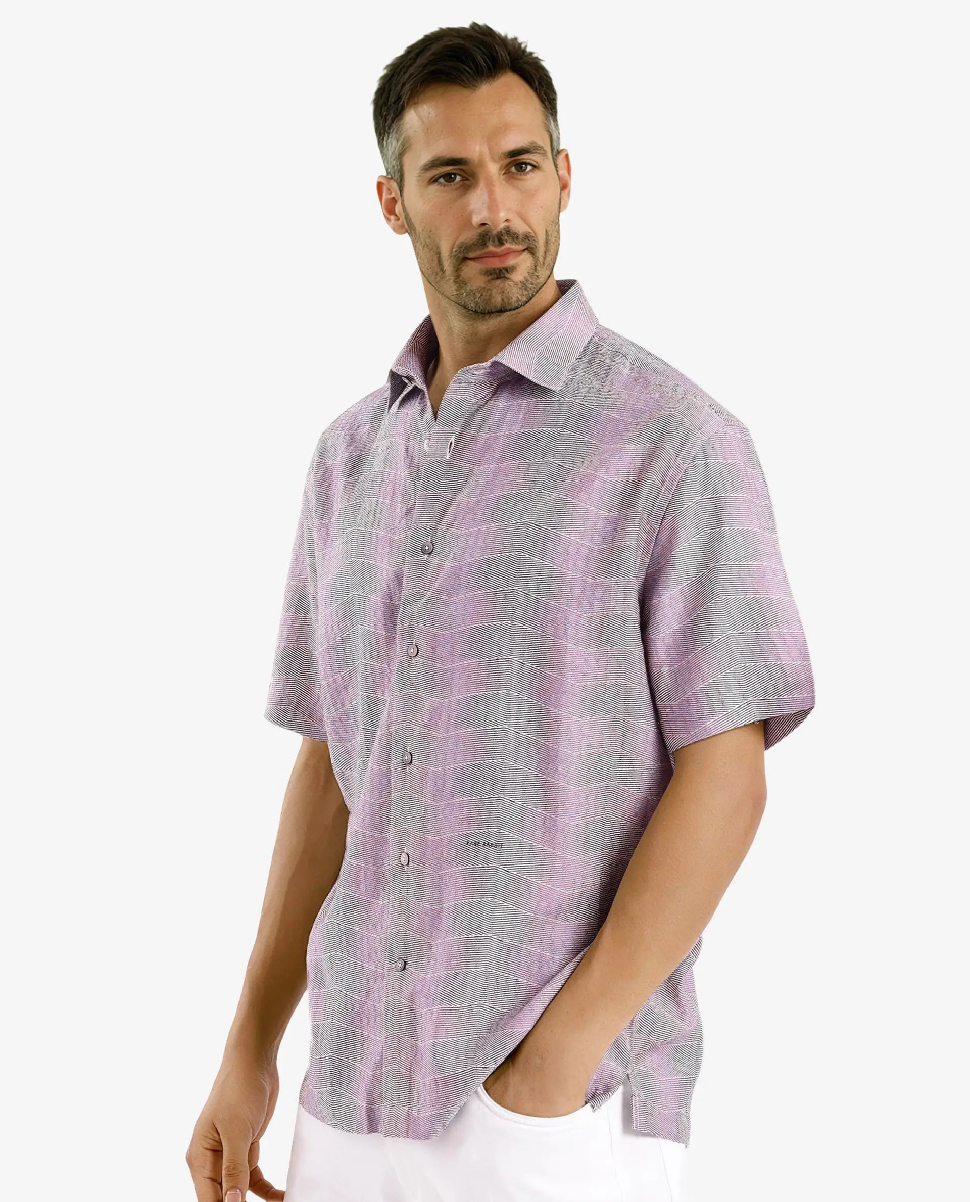 Rare Rabbit Men Renz Purple Viscose Nylon Fabric Short Sleeve Boxy Fit Abstract Print Shirt
