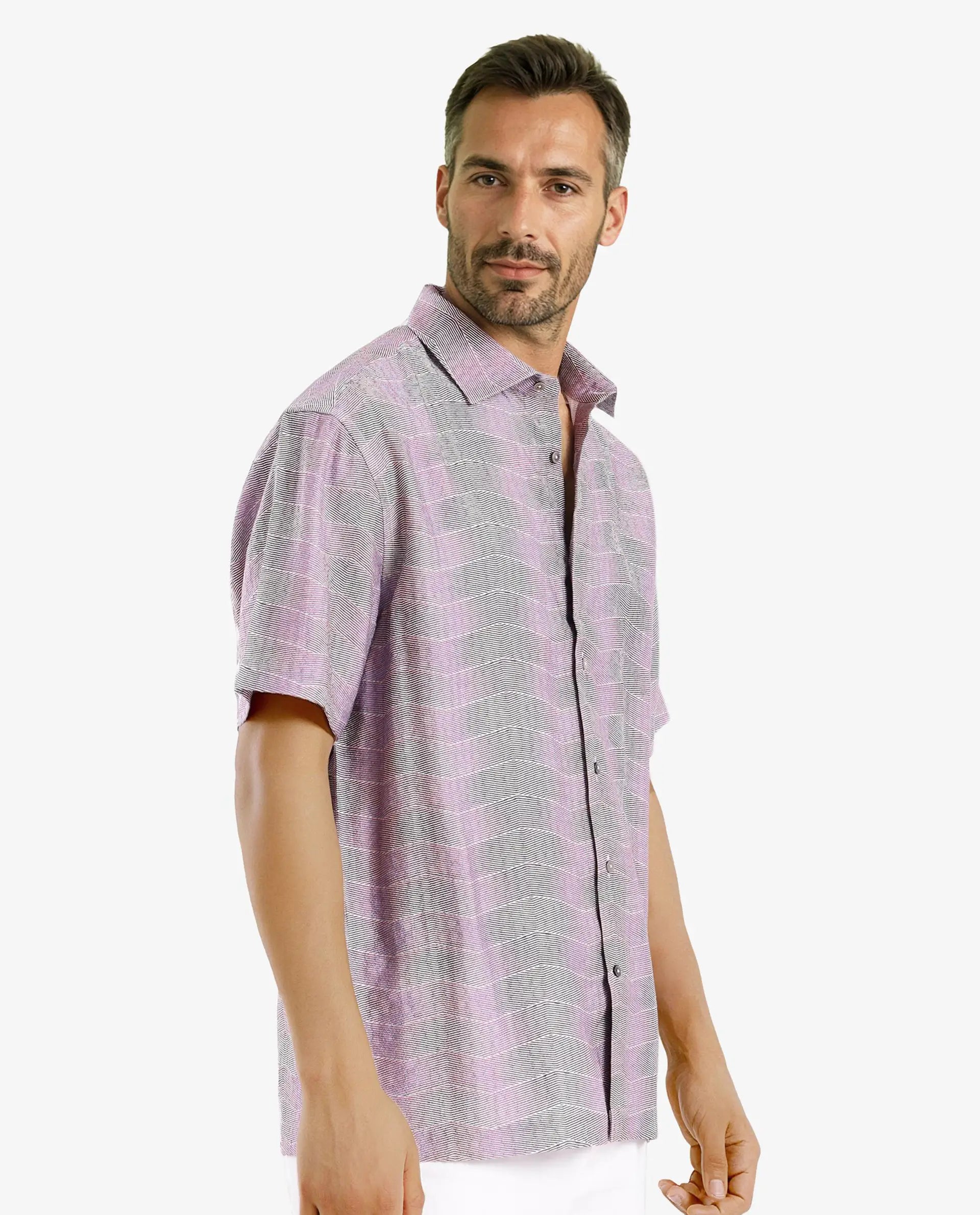Rare Rabbit Men Renz Purple Viscose Nylon Fabric Short Sleeve Boxy Fit Abstract Print Shirt