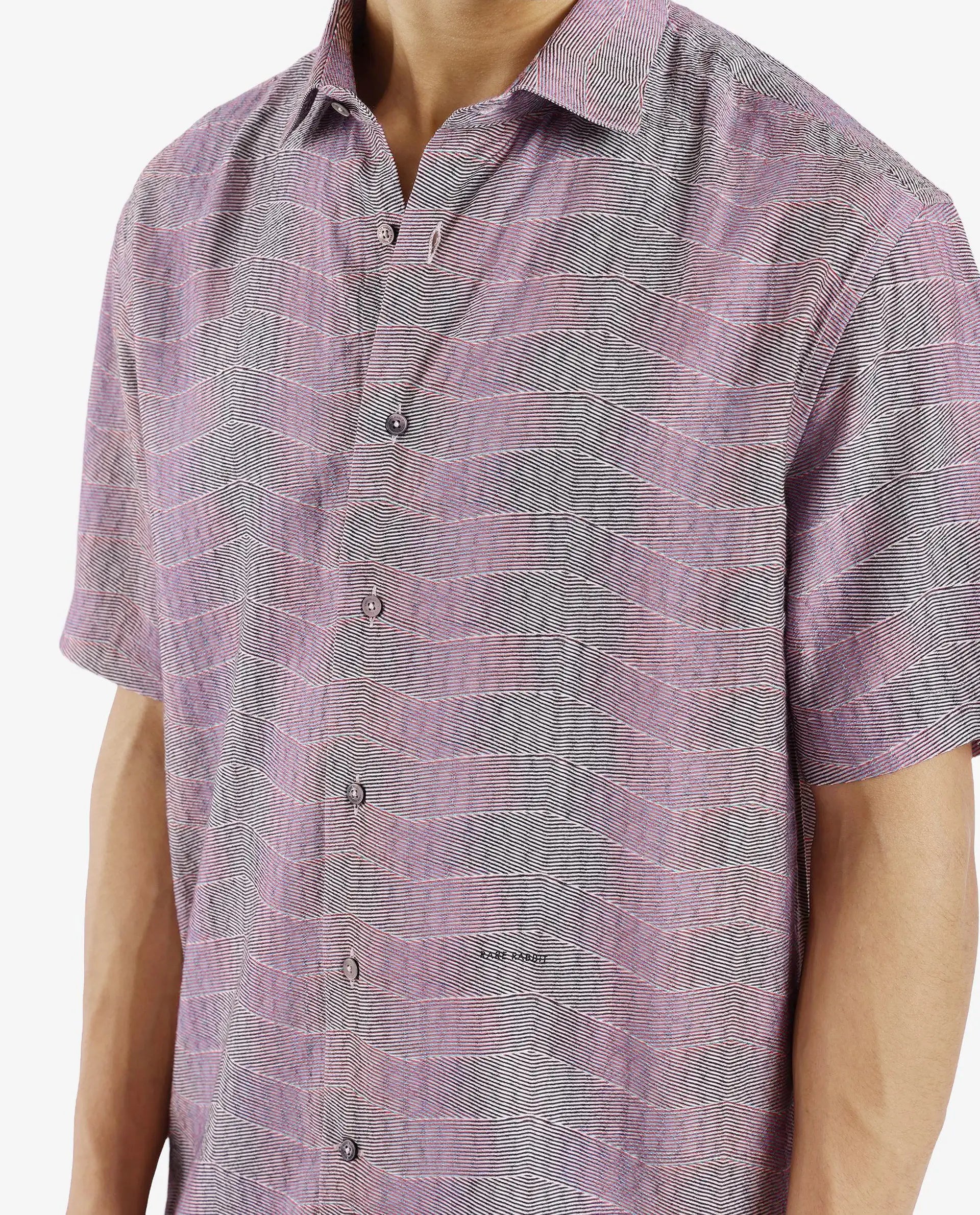 Rare Rabbit Men Renz Purple Viscose Nylon Fabric Short Sleeve Boxy Fit Abstract Print Shirt