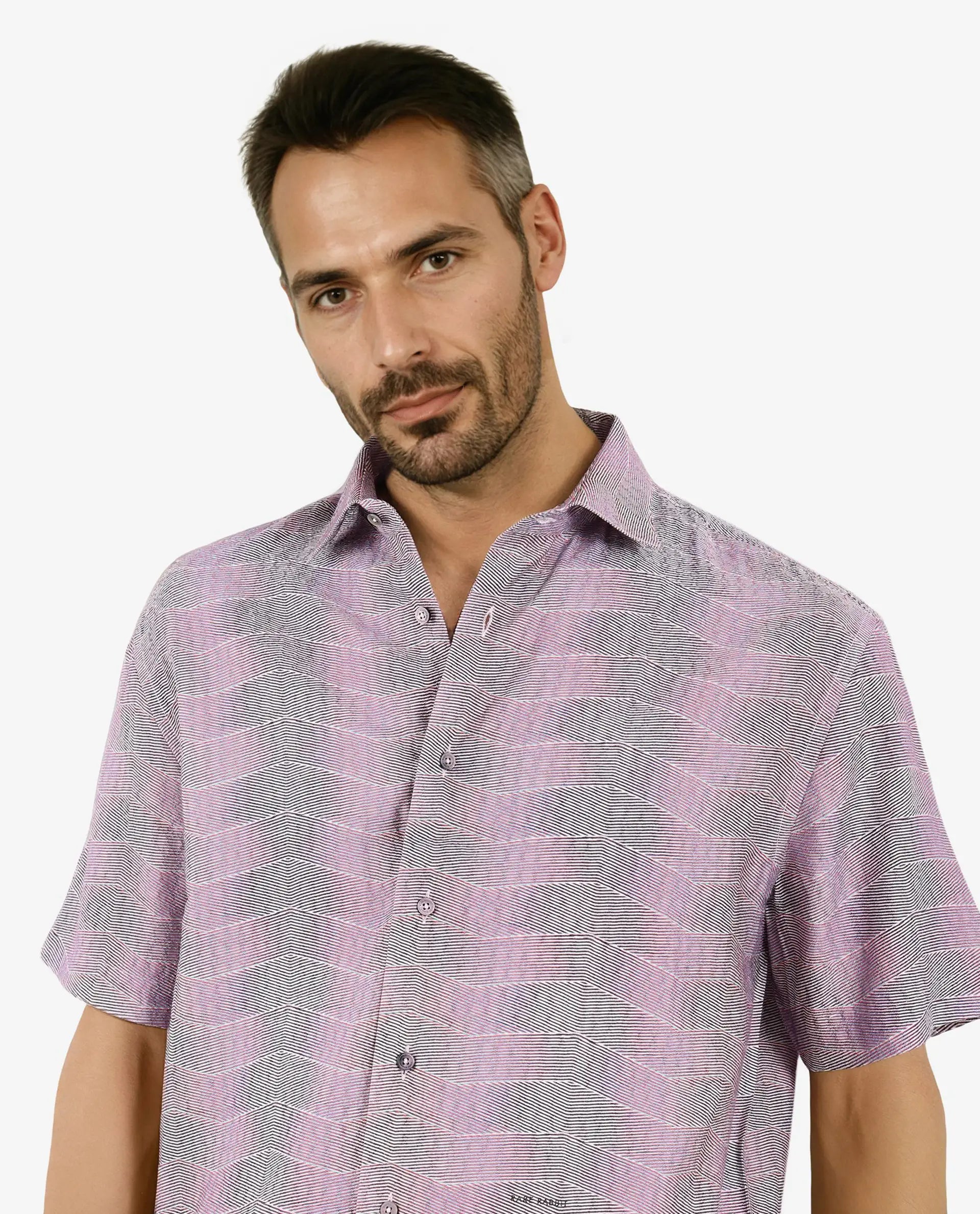 Rare Rabbit Men Renz Purple Viscose Nylon Fabric Short Sleeve Boxy Fit Abstract Print Shirt