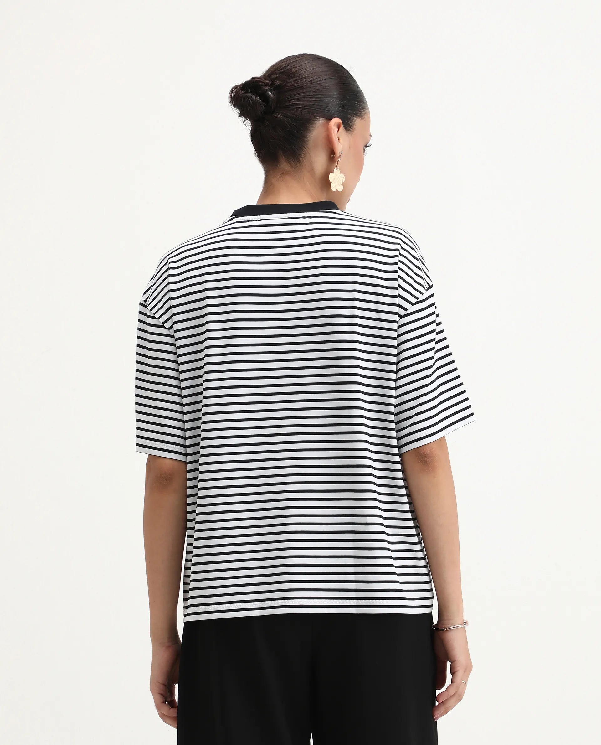 Rareism Women's Reph White Cotton Blend Crew Neck Striped Relaxed Fit T-Shirt