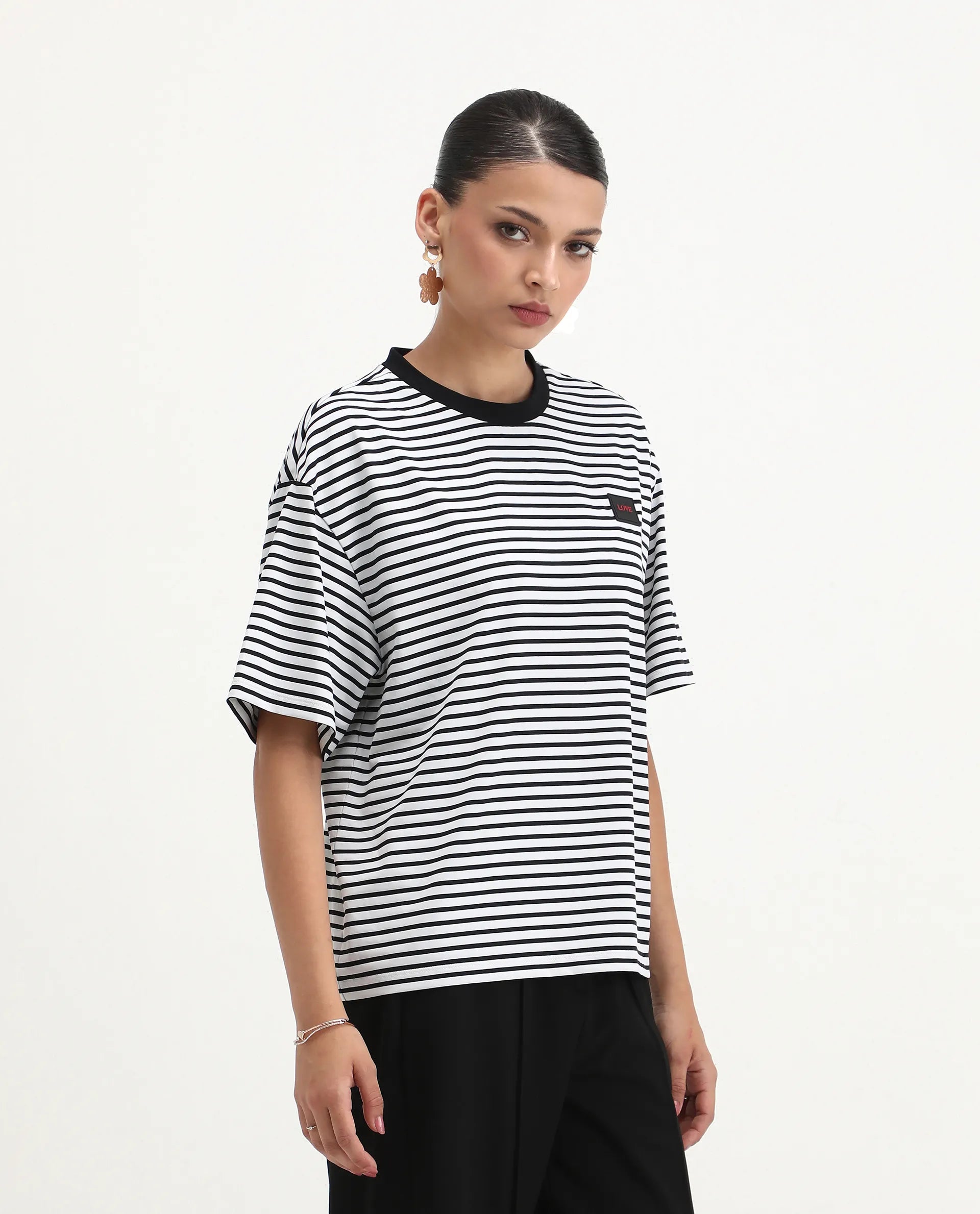 Rareism Women's Reph White Cotton Blend Crew Neck Striped Relaxed Fit T-Shirt