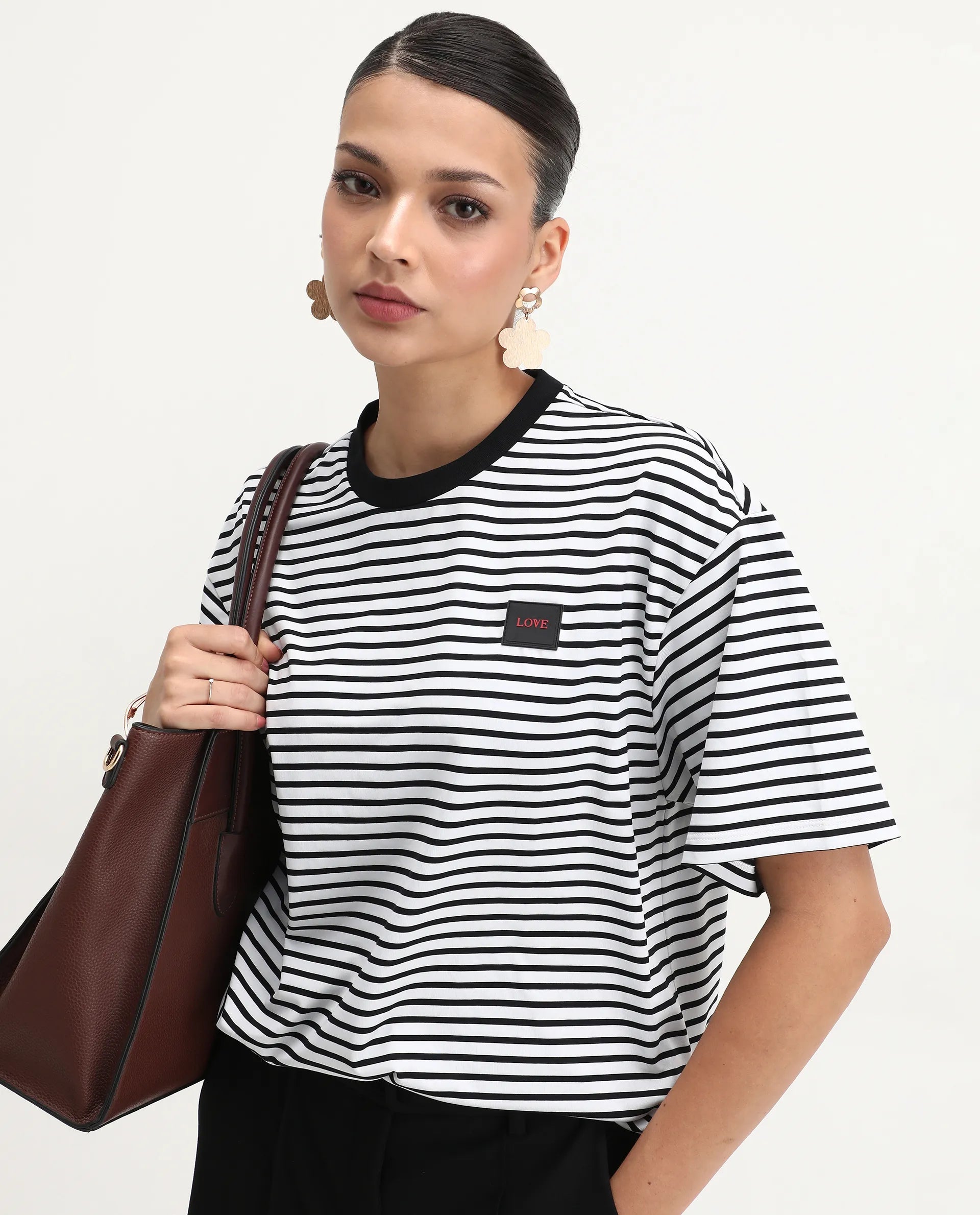 Rareism Women's Reph White Cotton Blend Crew Neck Striped Relaxed Fit T-Shirt