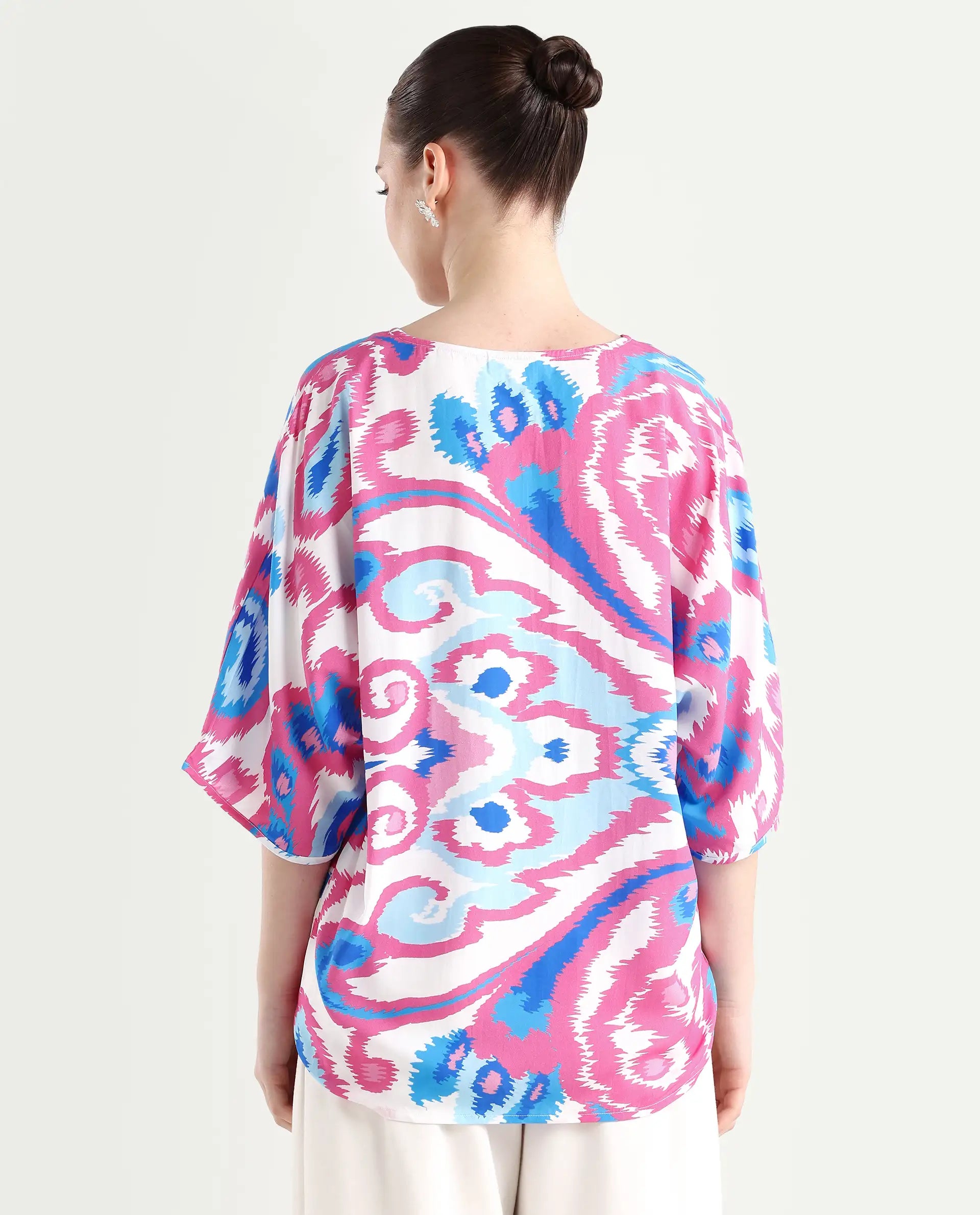 Rareism Women's Repio-T Pastel Viscose V-Neck Abstract Print Extended Sleeves Relaxed Fit Top
