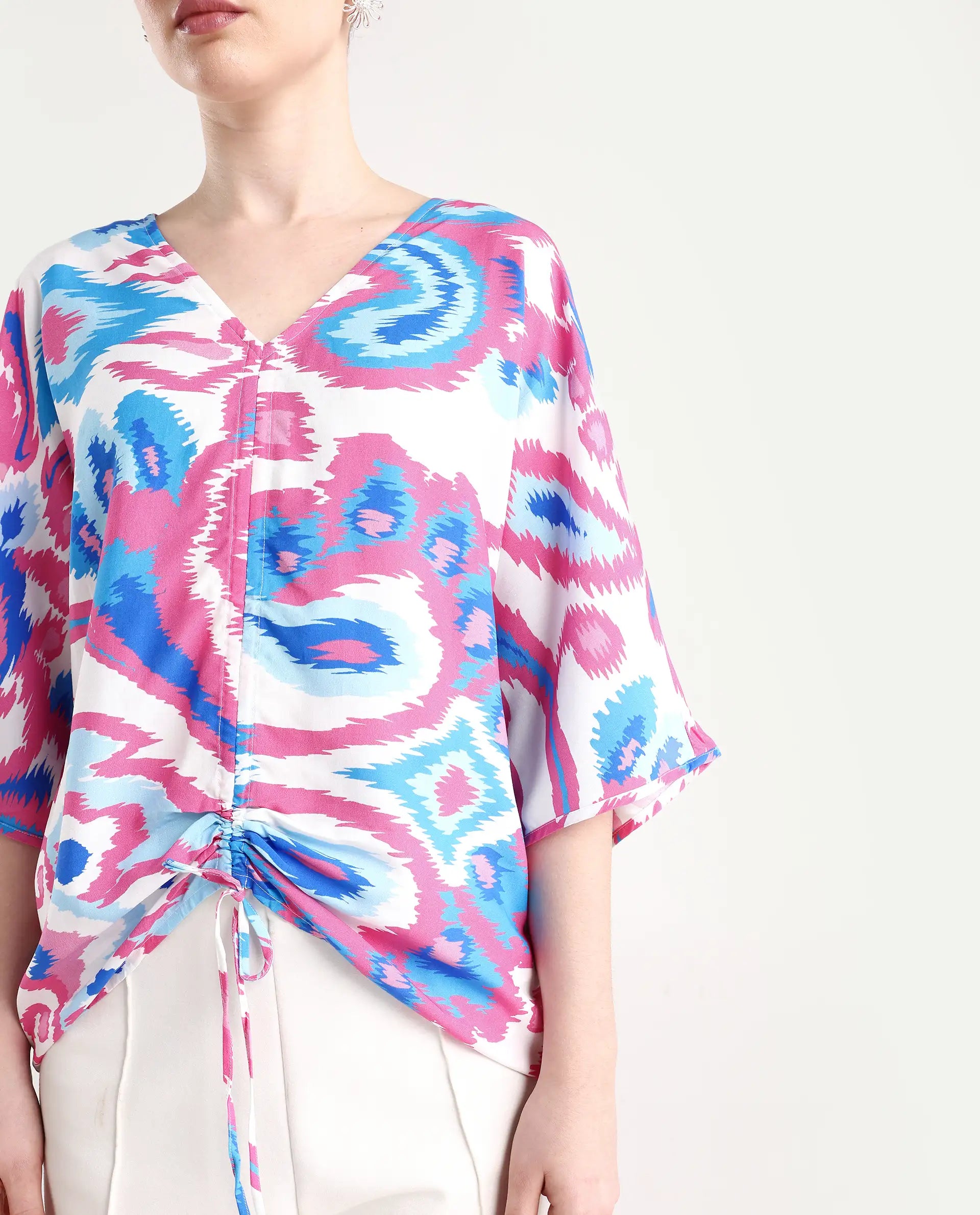 Rareism Women's Repio-T Pastel Viscose V-Neck Abstract Print Extended Sleeves Relaxed Fit Top