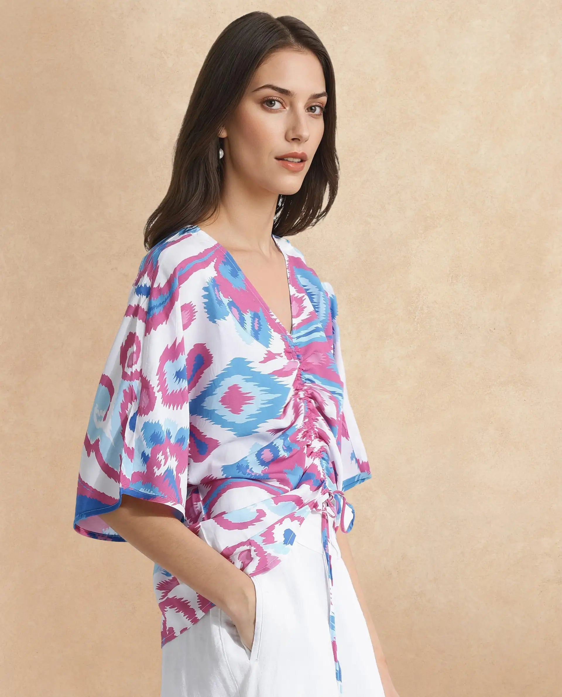 Rareism Women Repio-T Pastel Multi Extended Sleeves V-Neck Relaxed Fit Abstract Print Top