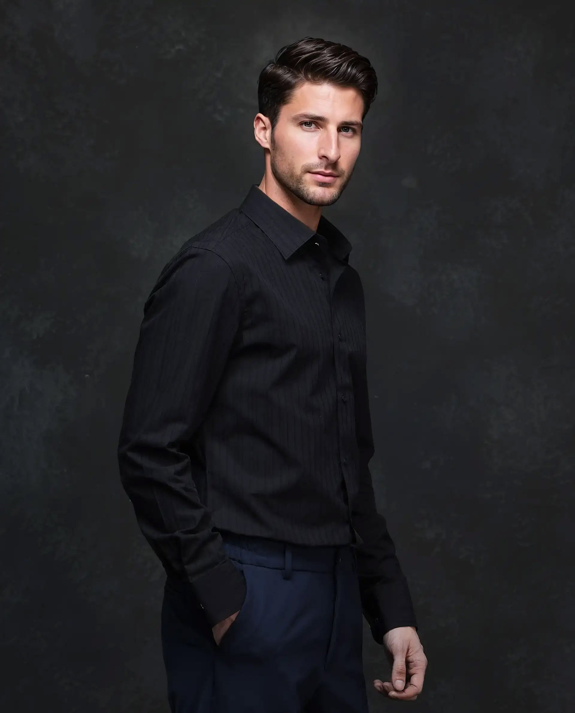 Rare Rabbit Men's Repo Black Cotton Striped Print Regular Fit Full Sleeve Collared Shirt