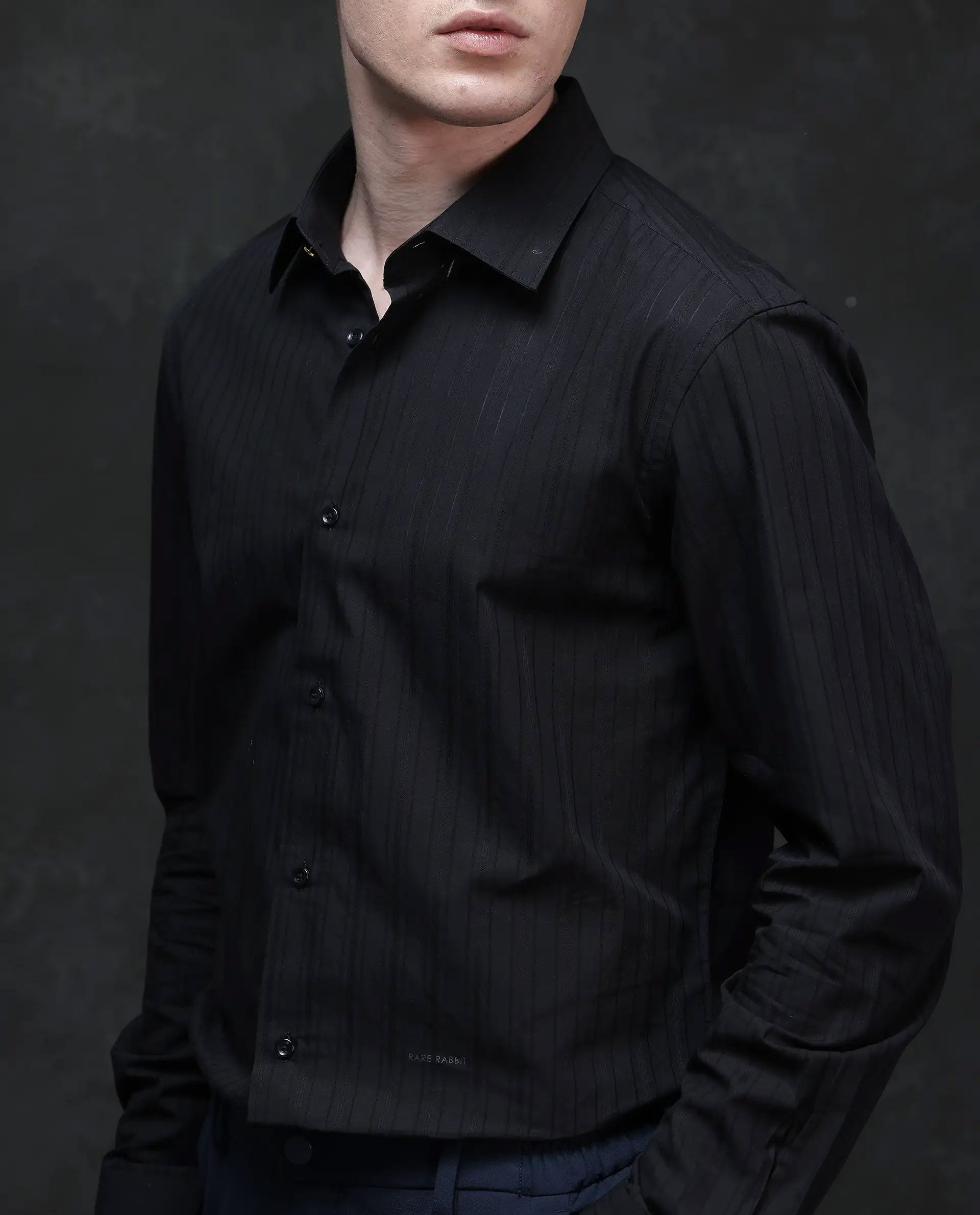 Rare Rabbit Men's Repo Black Cotton Striped Print Regular Fit Full Sleeve Collared Shirt