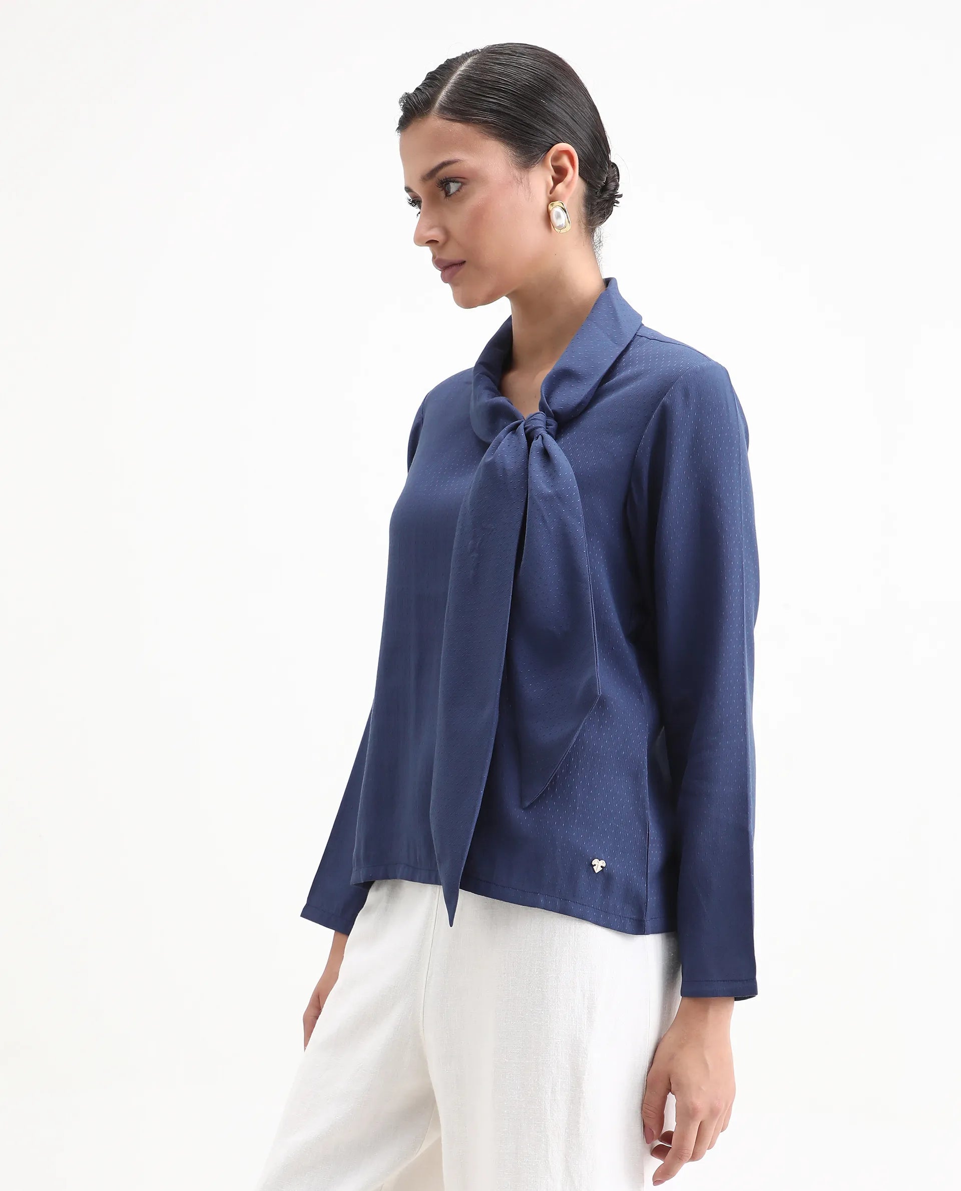 Rareism Women's Repowo Navy Polyester Tie-Up Neck Plain Regular Fit Top