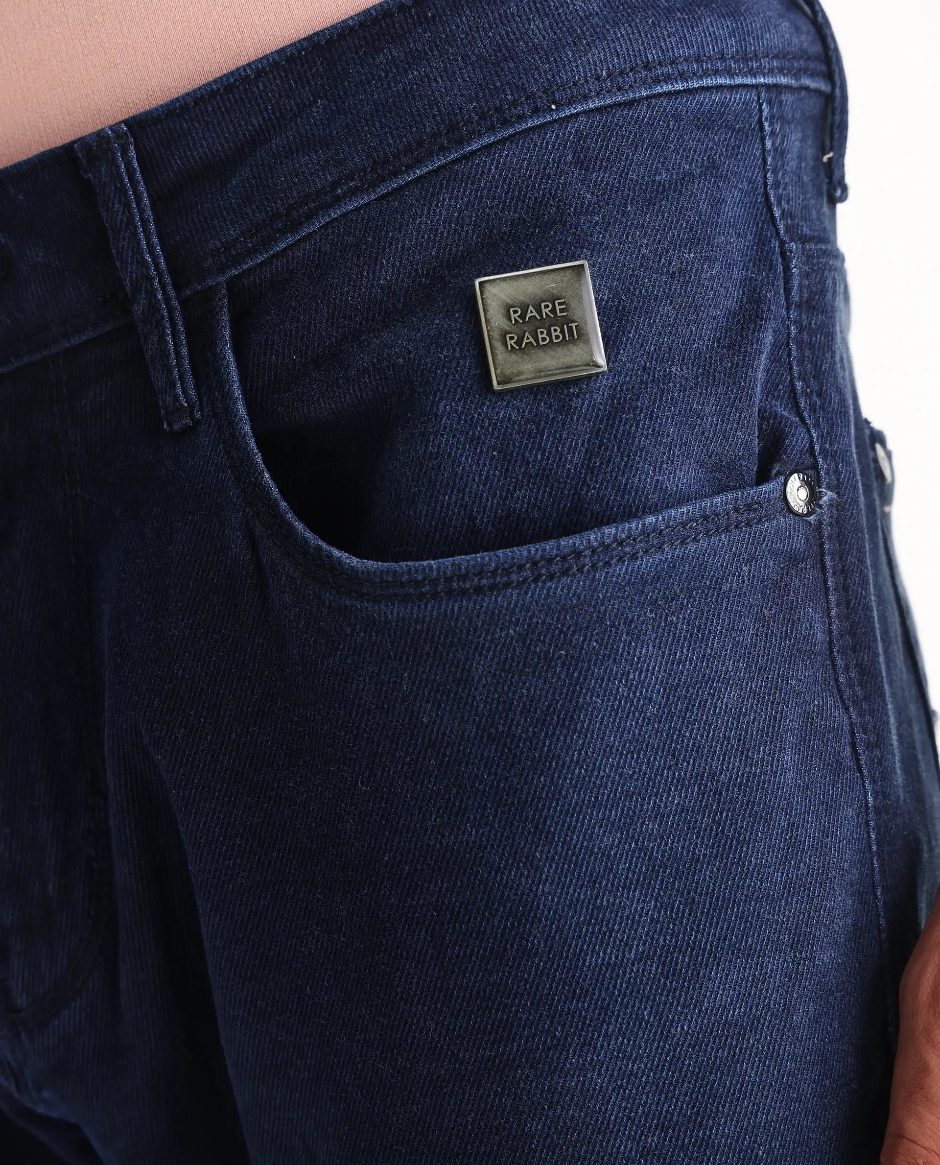 Rare Rabbit Men's Repp Blue Cotton Plain Hawk Slim Fit Jeans