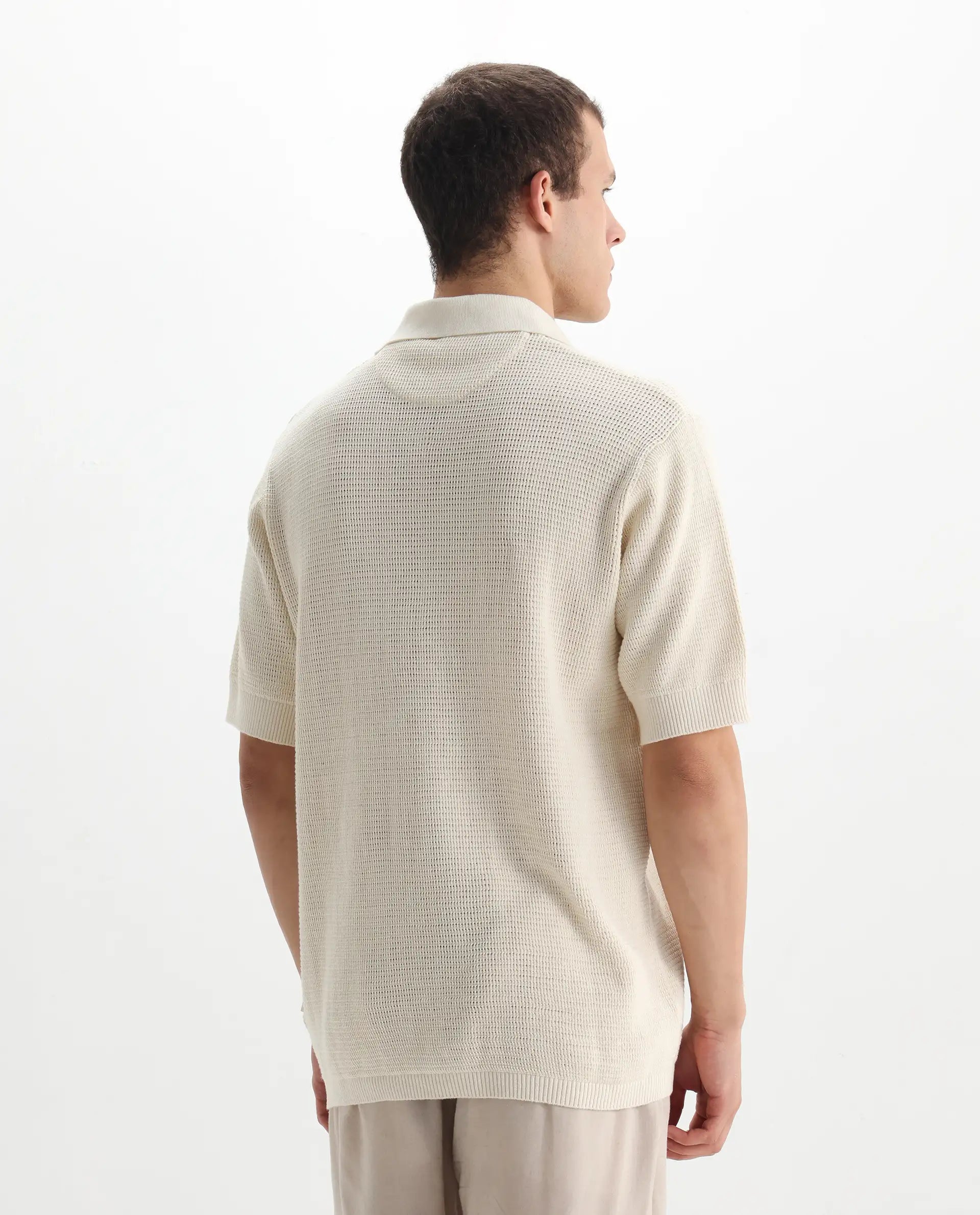 Rare Rabbit Men's Rera Off White Cotton Textured Oversized Fit Half Sleeve Polo