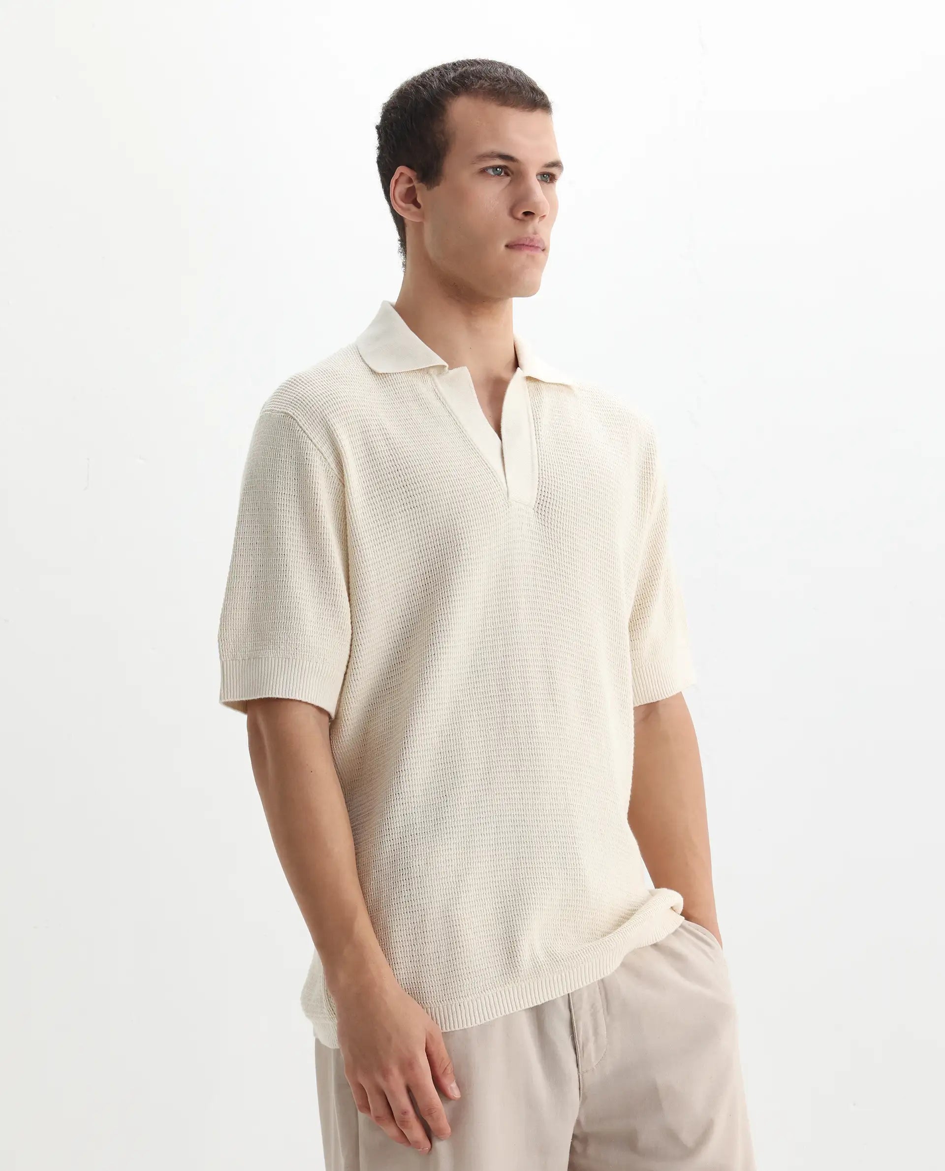 Rare Rabbit Men's Rera Off White Cotton Textured Oversized Fit Half Sleeve Polo