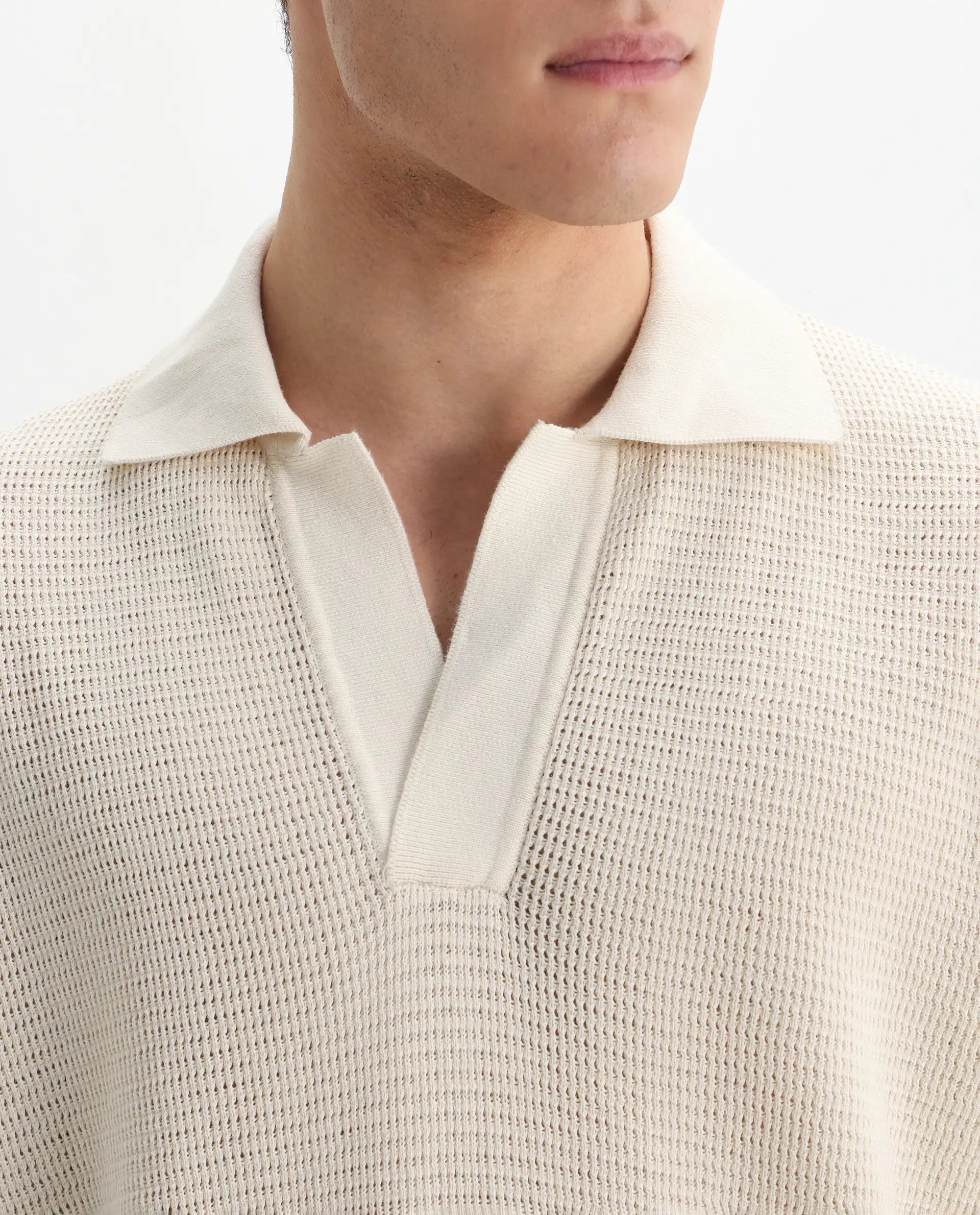 Rare Rabbit Men's Rera Off White Cotton Textured Oversized Fit Half Sleeve Polo