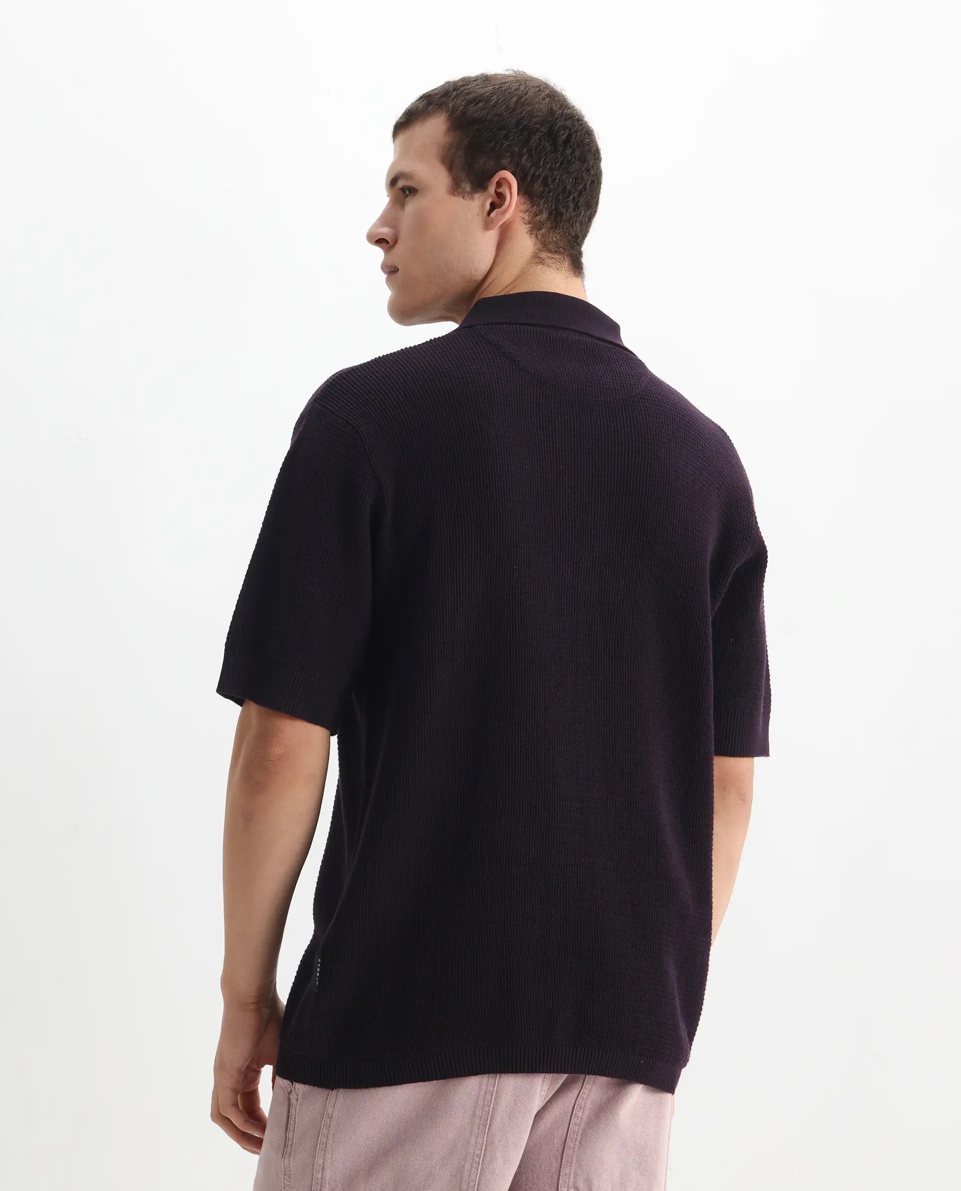 Rare Rabbit Men's Rera Dark Purple Cotton Textured Oversized Fit Half Sleeve Polo