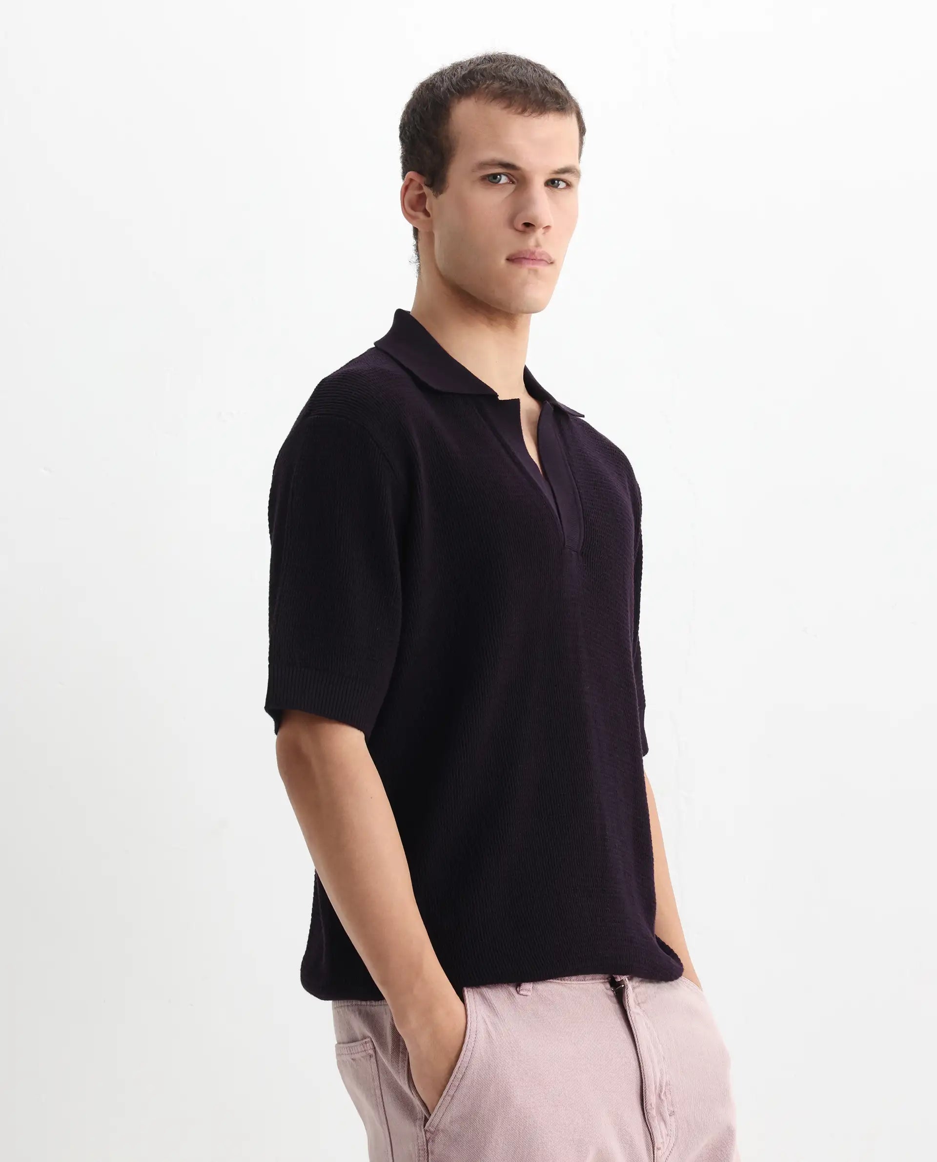 Rare Rabbit Men's Rera Dark Purple Cotton Textured Oversized Fit Half Sleeve Polo