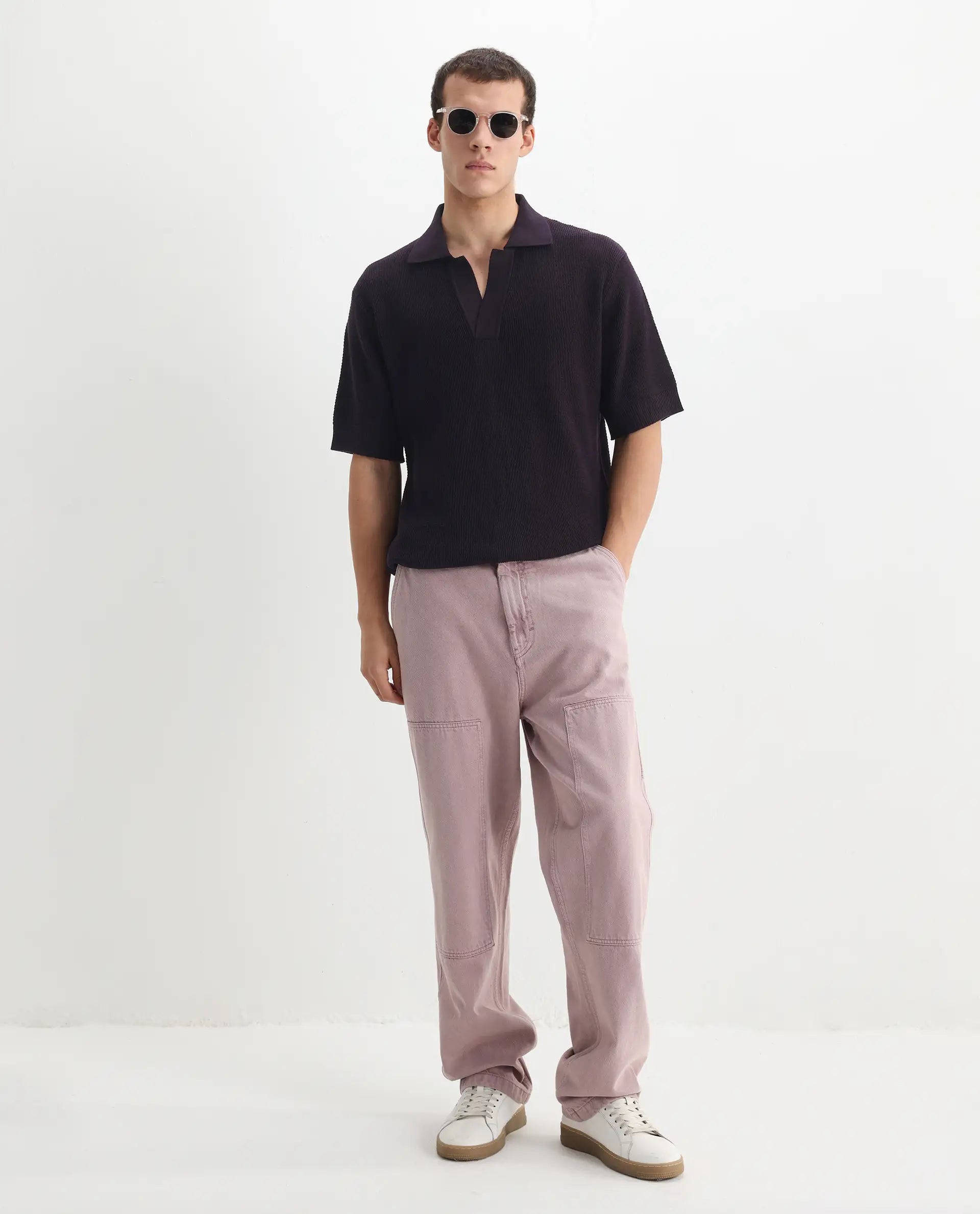 Rare Rabbit Men's Rera Dark Purple Cotton Textured Oversized Fit Half Sleeve Polo