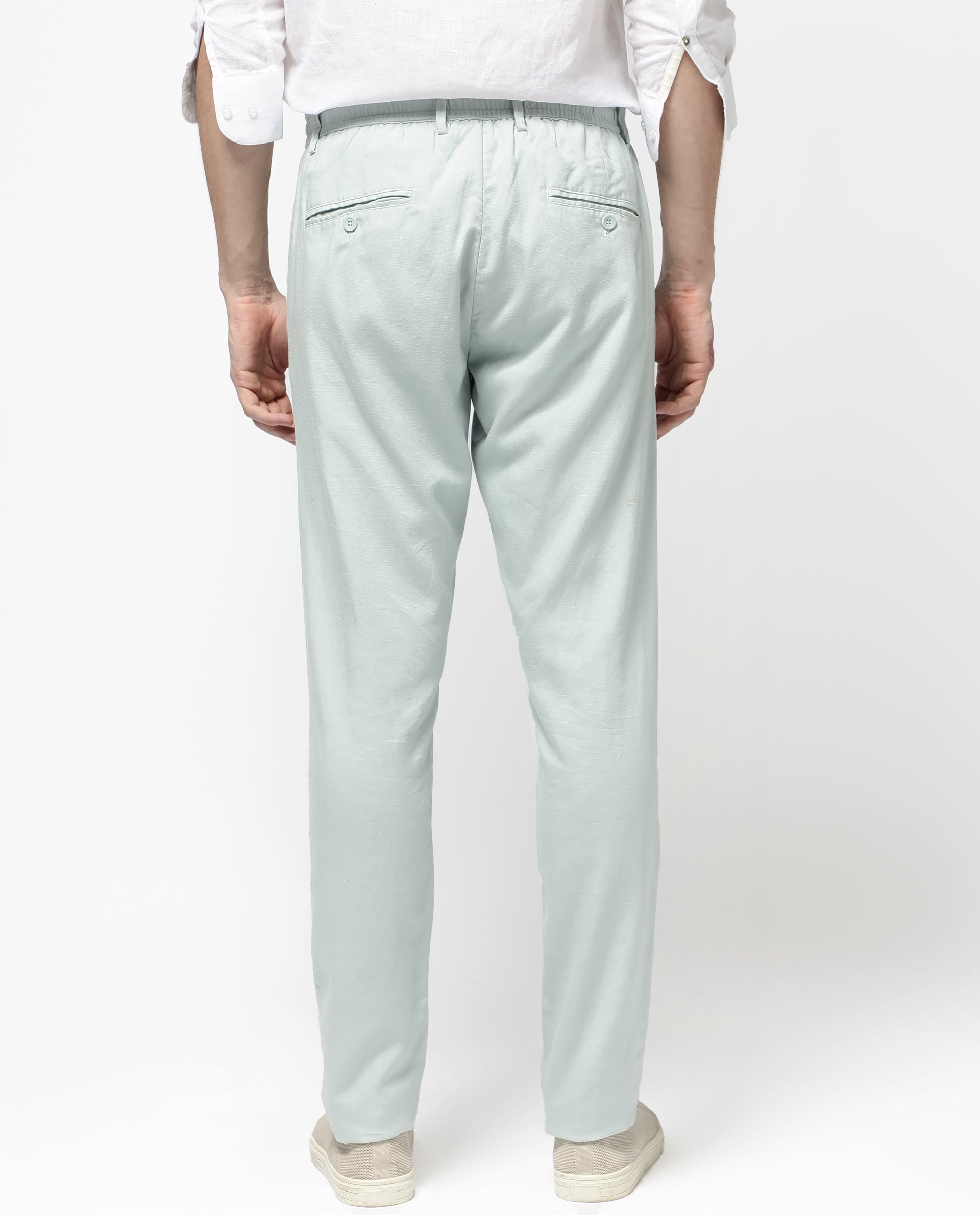 Rare Rabbit Mens Reric Pastel Turq Drawstring Closure Solid Linen Trouser