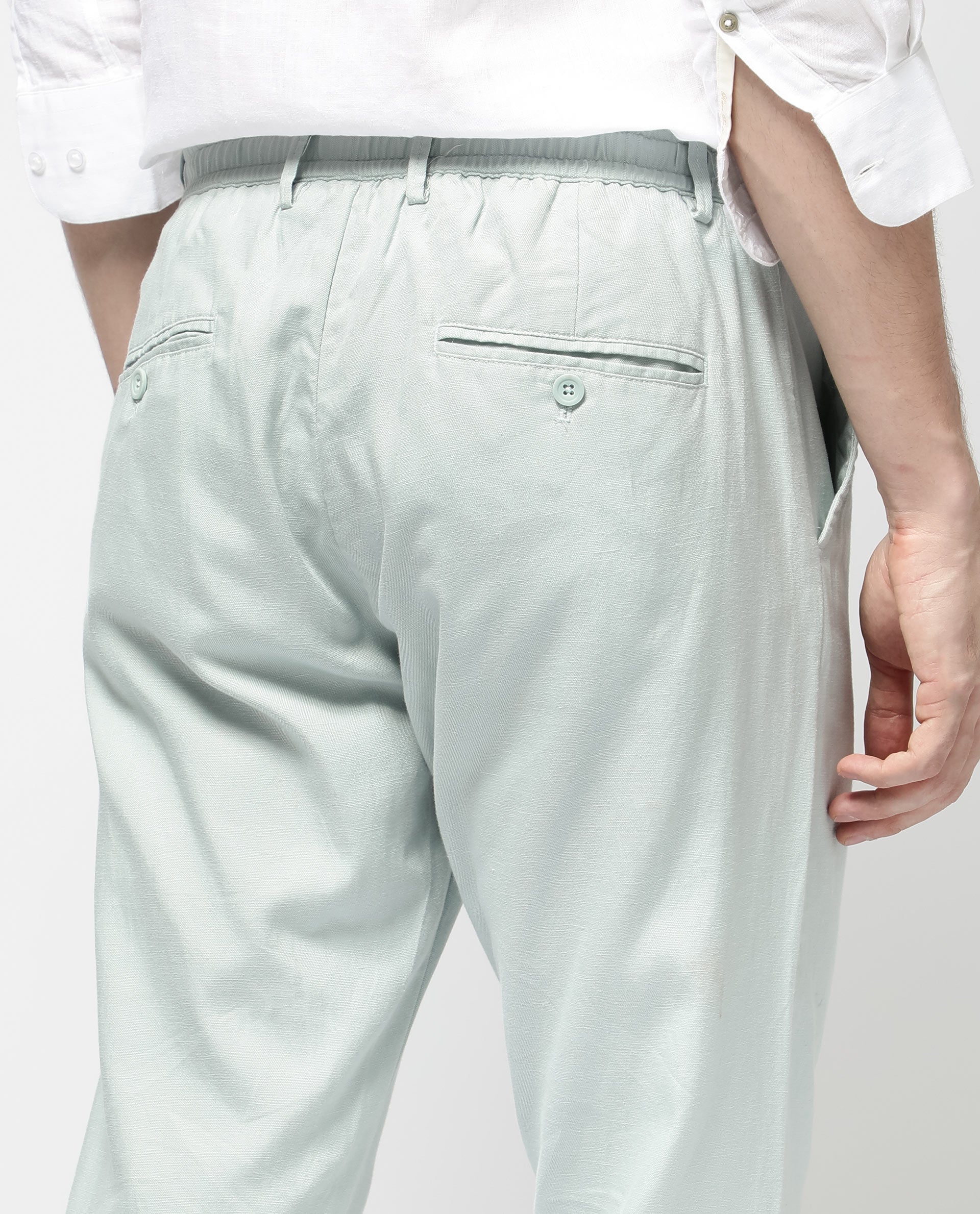 Rare Rabbit Mens Reric Pastel Turq Drawstring Closure Solid Linen Trouser