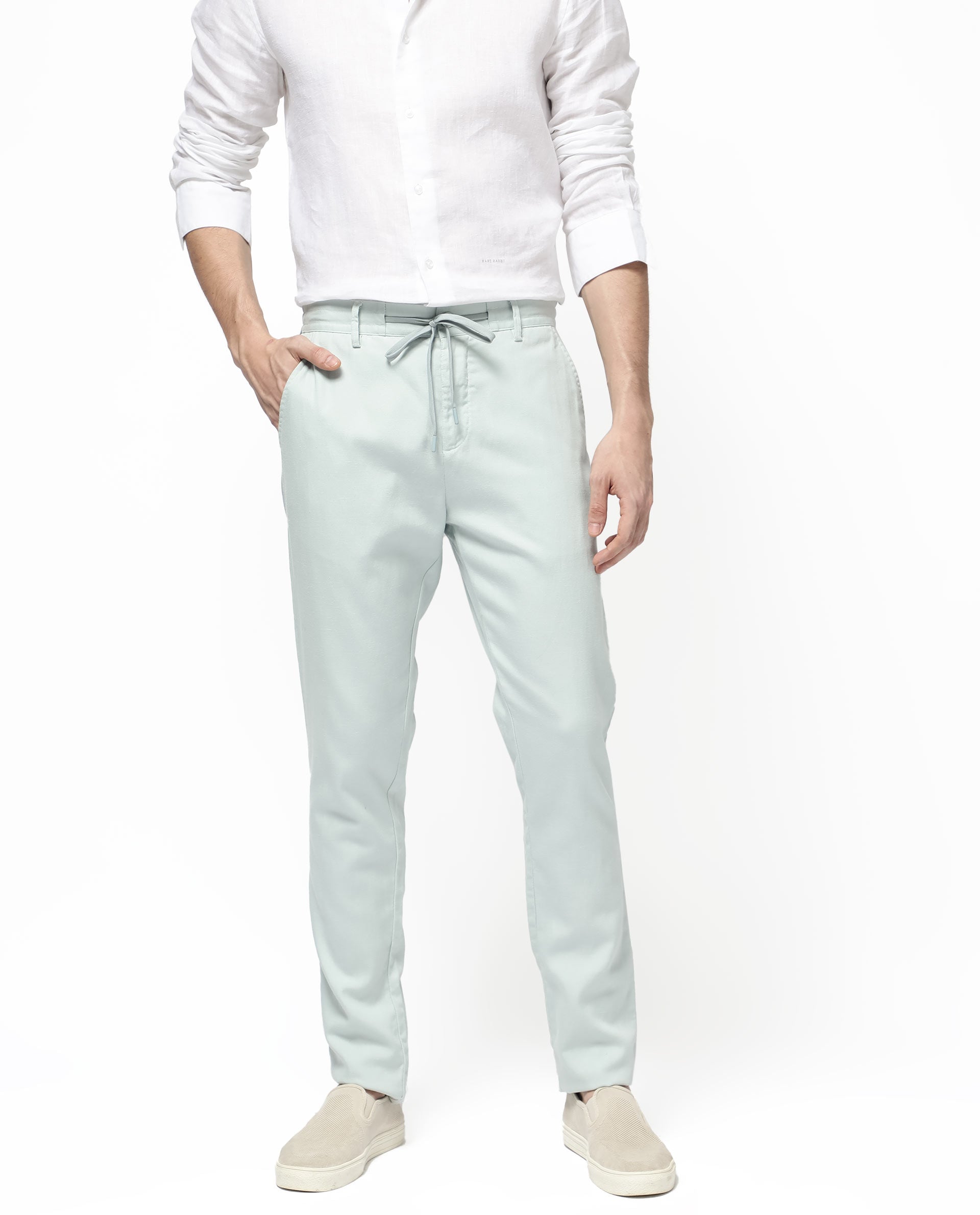 Rare Rabbit Mens Reric Pastel Turq Drawstring Closure Solid Linen Trouser