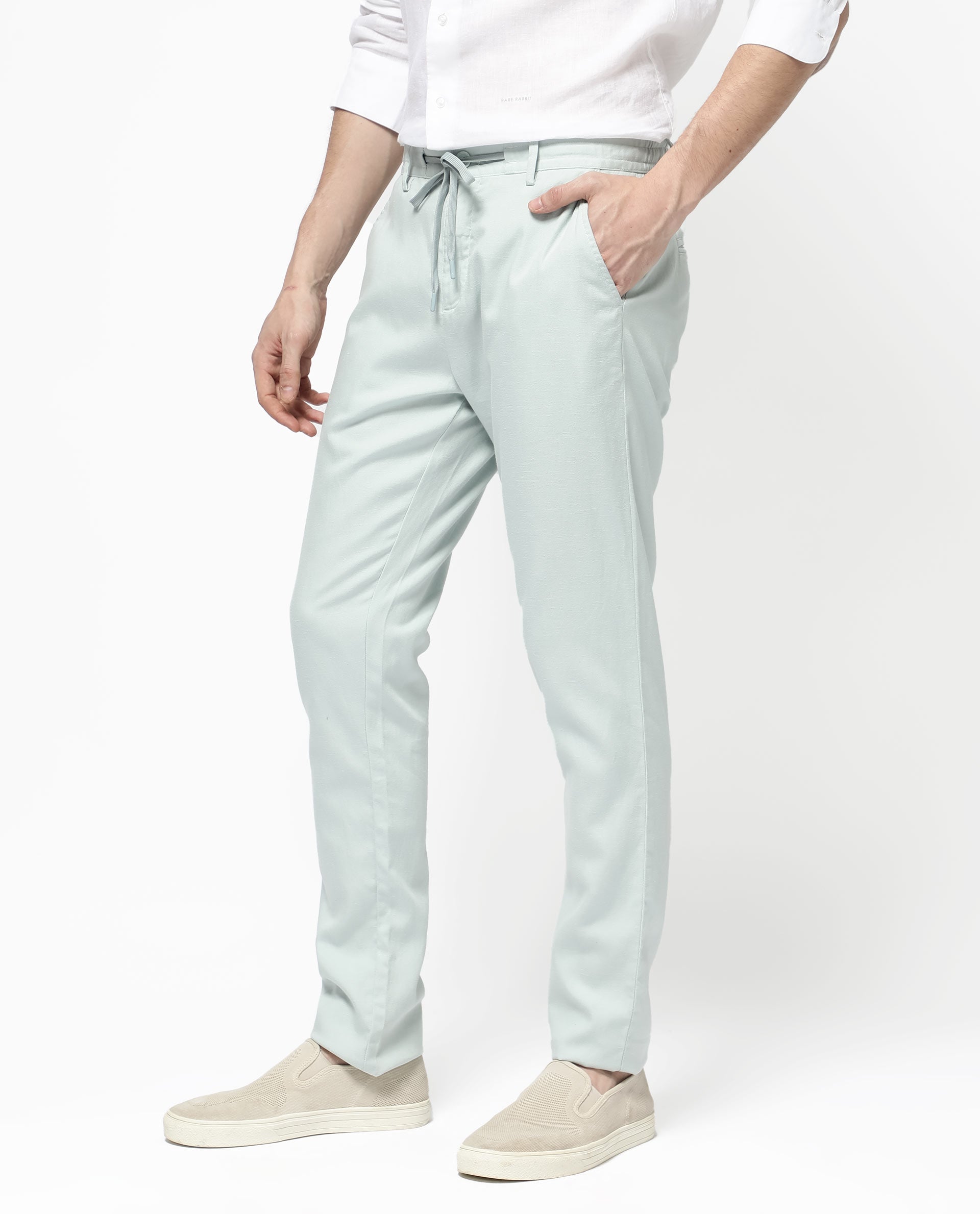 Rare Rabbit Mens Reric Pastel Turq Drawstring Closure Solid Linen Trouser
