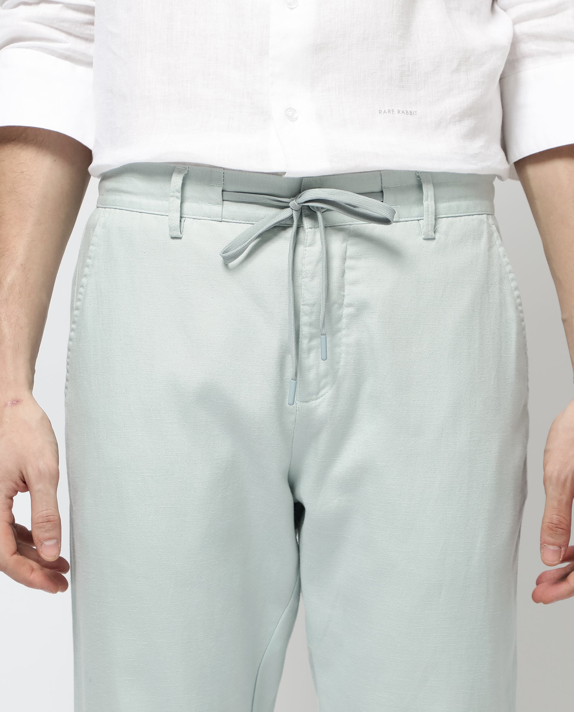 Rare Rabbit Mens Reric Pastel Turq Drawstring Closure Solid Linen Trouser