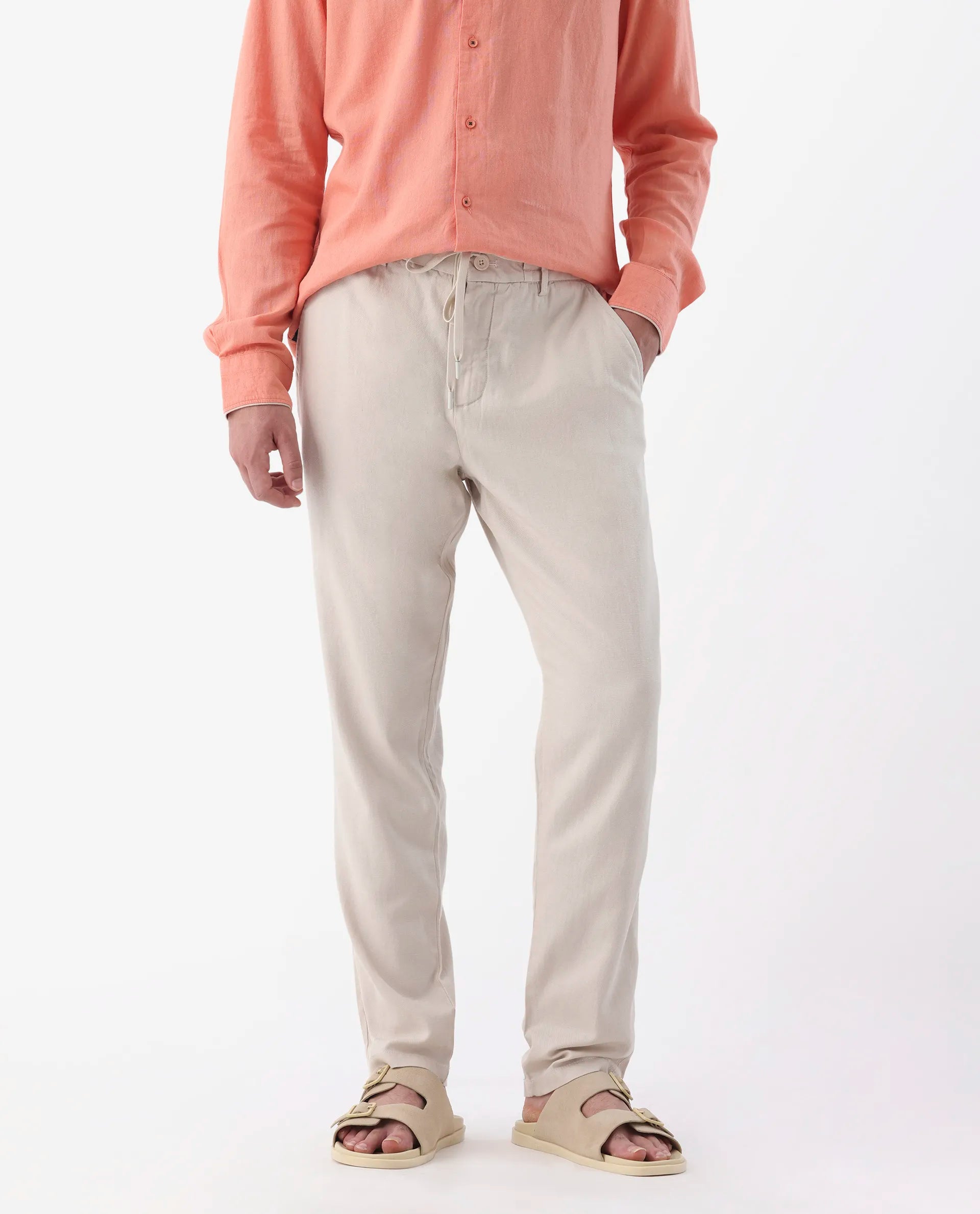Rare Rabbit Men's Reric Pastel Beige Linen Blend Plain Regular Fit Trouser