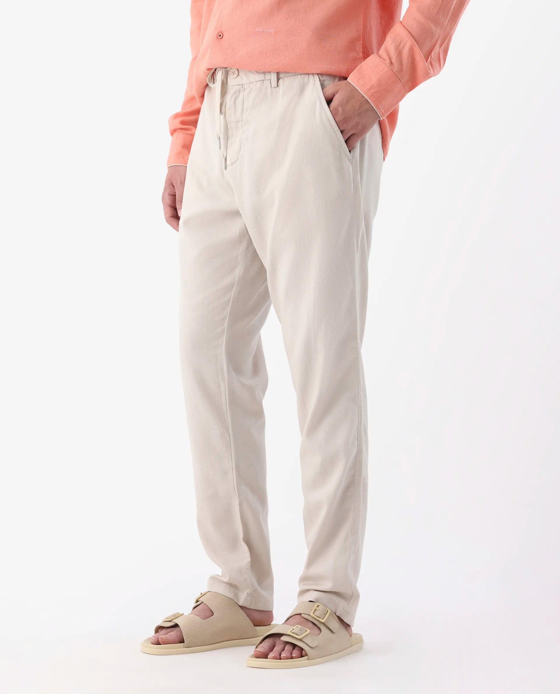 Rare Rabbit Men's Reric Pastel Beige Linen Blend Plain Regular Fit Trouser