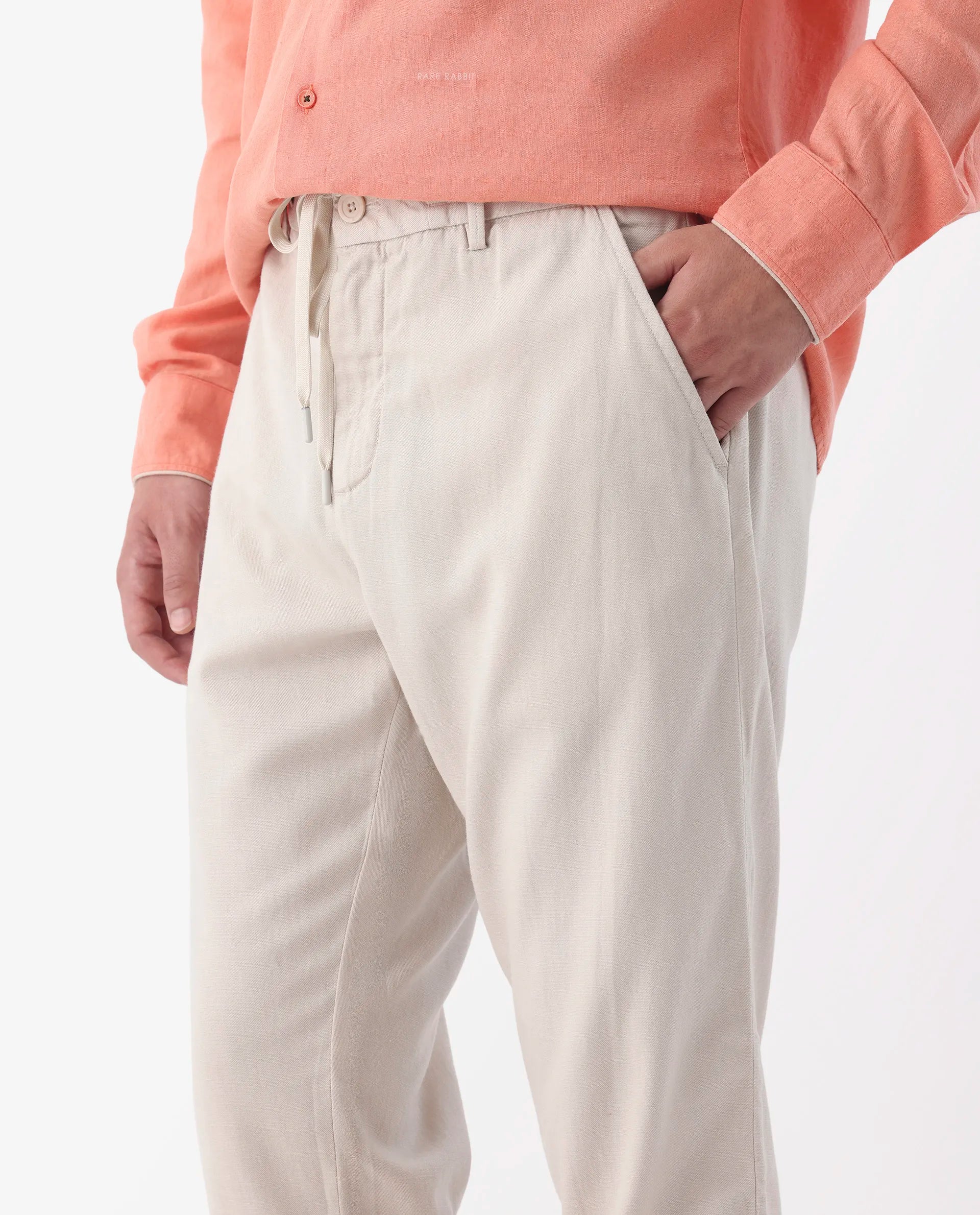 Rare Rabbit Men's Reric Pastel Beige Linen Blend Plain Regular Fit Trouser
