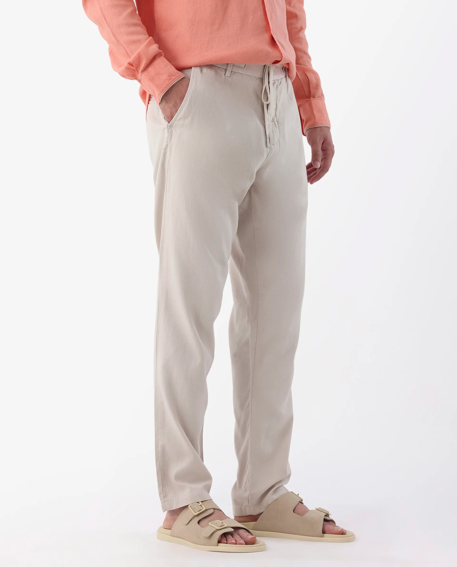 Rare Rabbit Men's Reric Pastel Beige Linen Blend Plain Regular Fit Trouser
