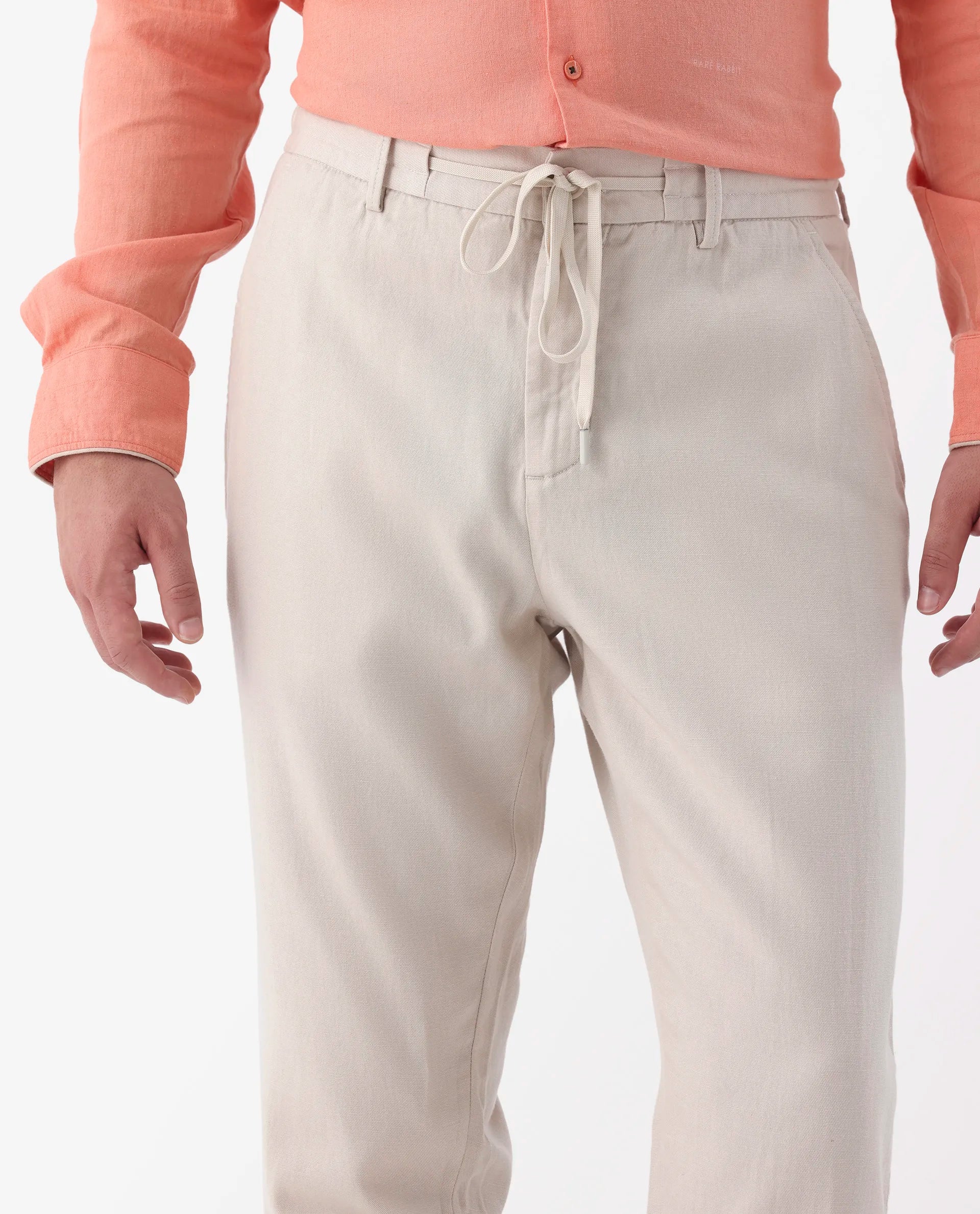 Rare Rabbit Men's Reric Pastel Beige Linen Blend Plain Regular Fit Trouser