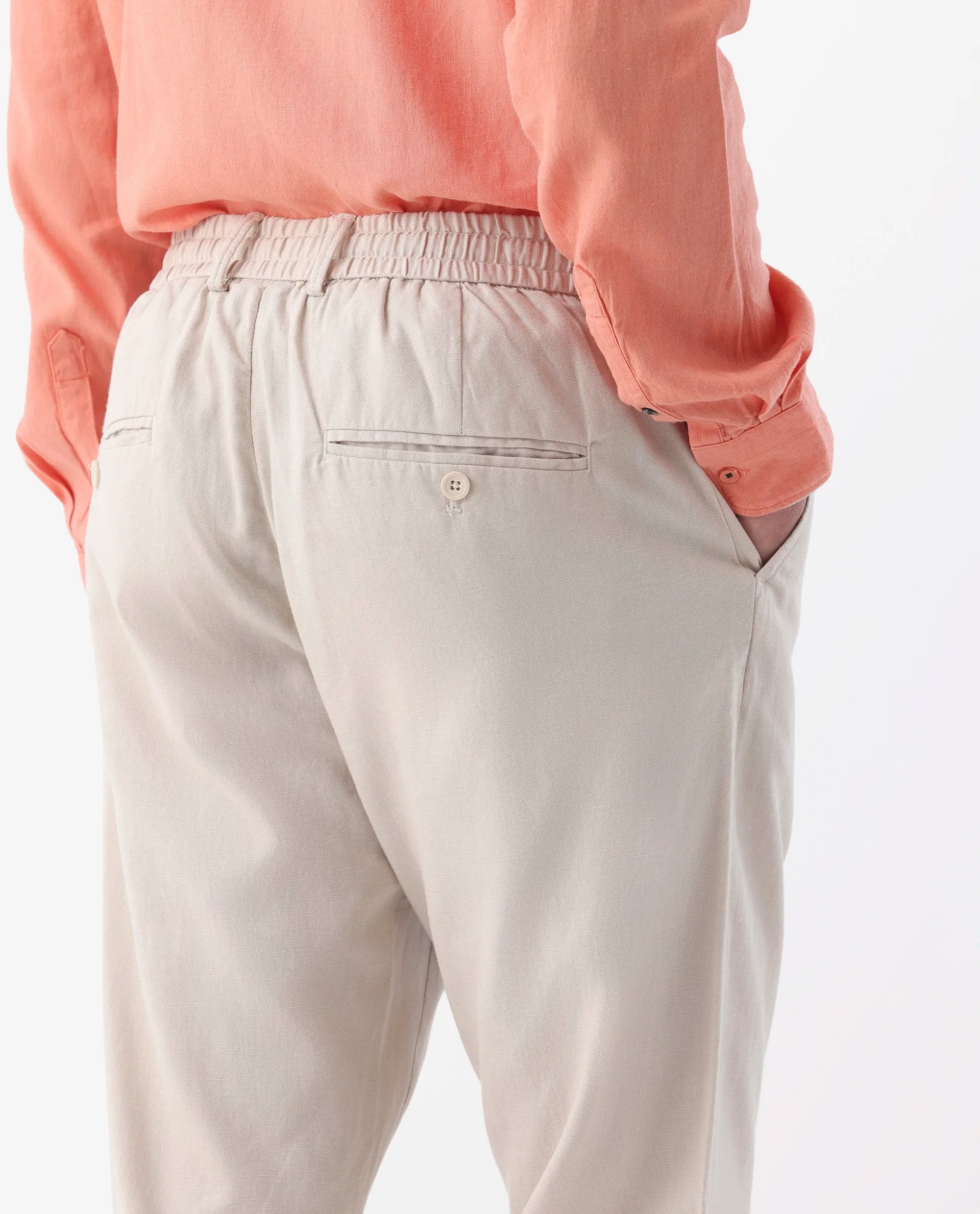 Rare Rabbit Men's Reric Pastel Beige Linen Blend Plain Regular Fit Trouser