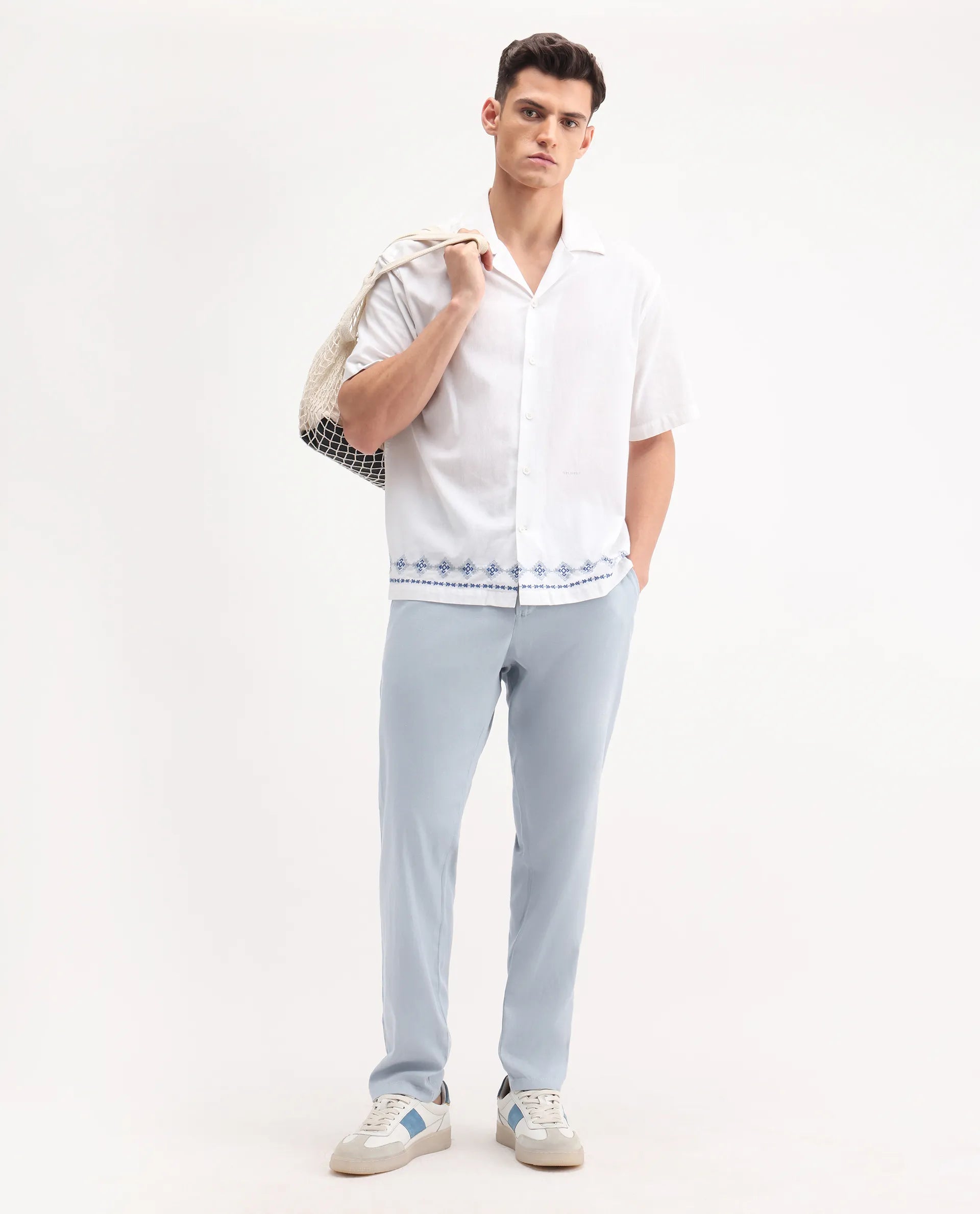 Rare Rabbit Men's Reric Pastel Blue Linen Blend Plain Regular Fit Trouser