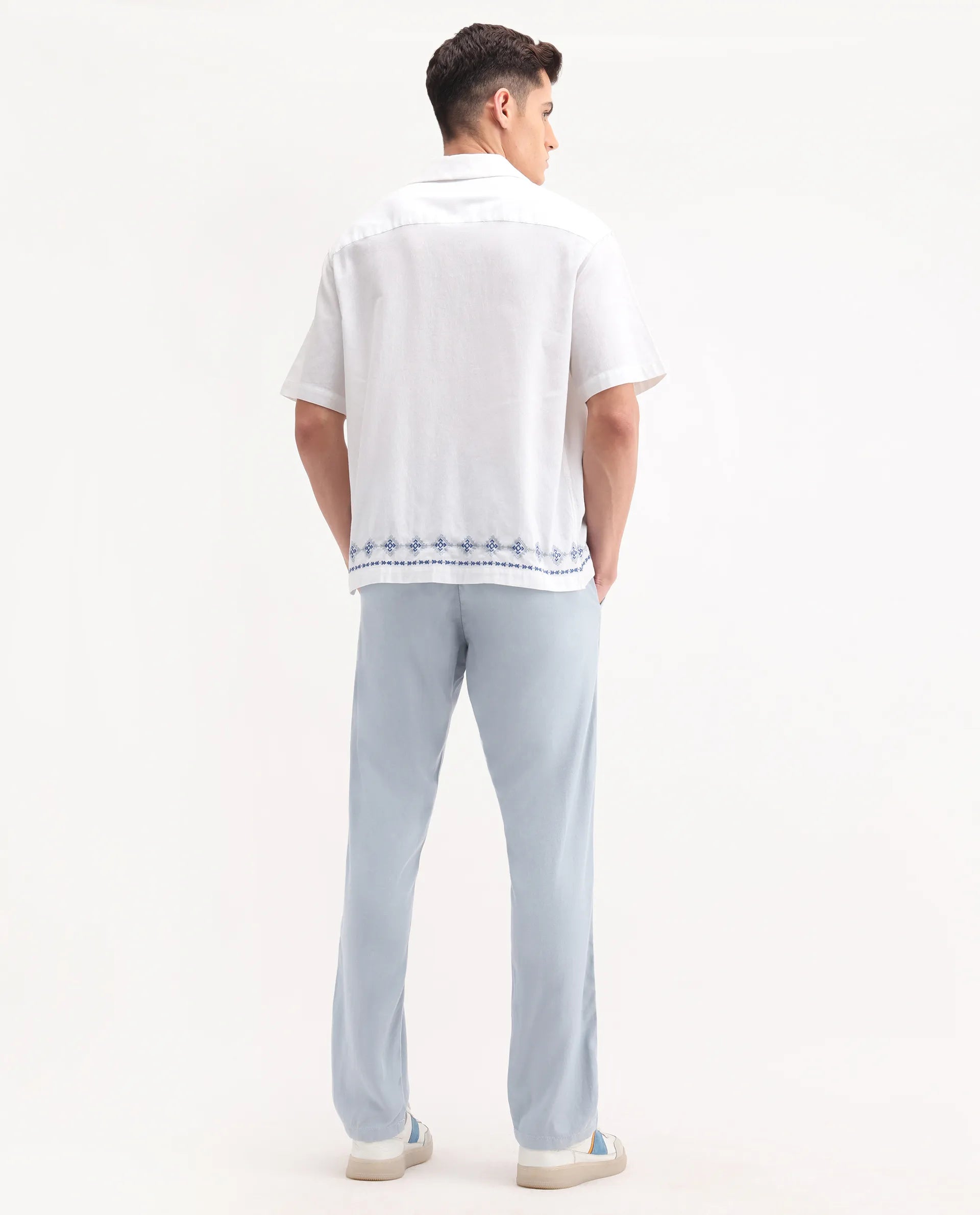 Rare Rabbit Men's Reric Pastel Blue Linen Blend Plain Regular Fit Trouser