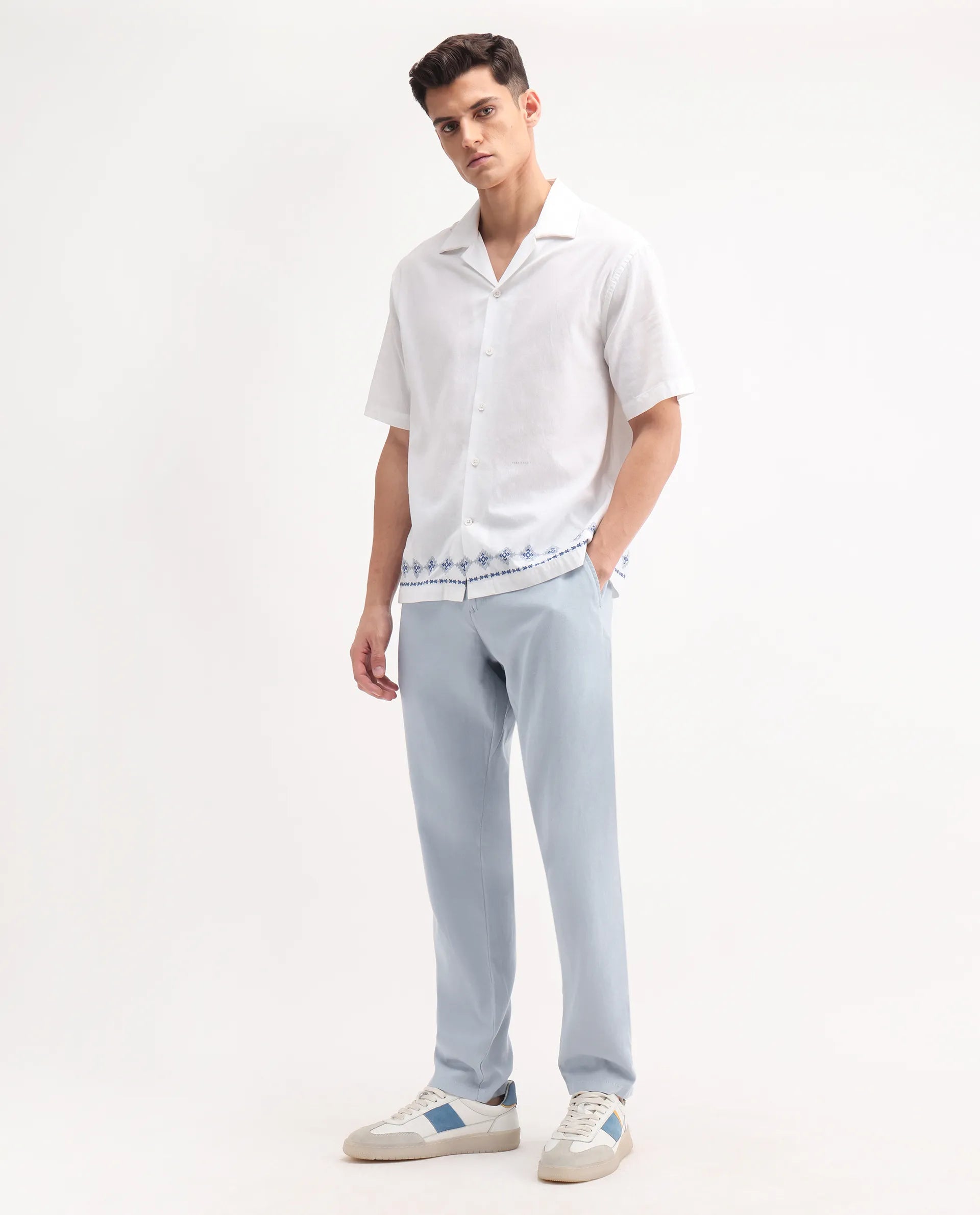 Rare Rabbit Men's Reric Pastel Blue Linen Blend Plain Regular Fit Trouser