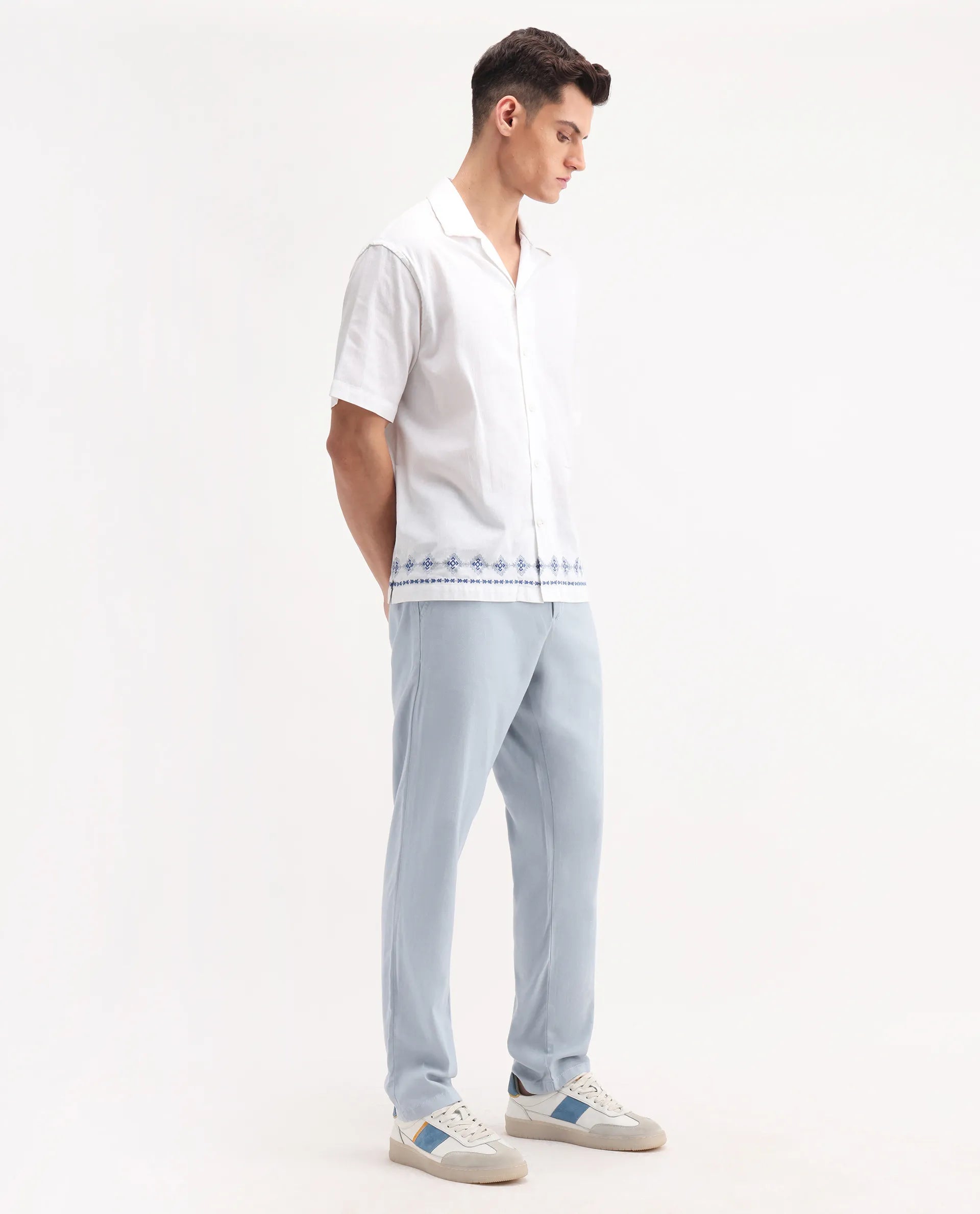 Rare Rabbit Men's Reric Pastel Blue Linen Blend Plain Regular Fit Trouser