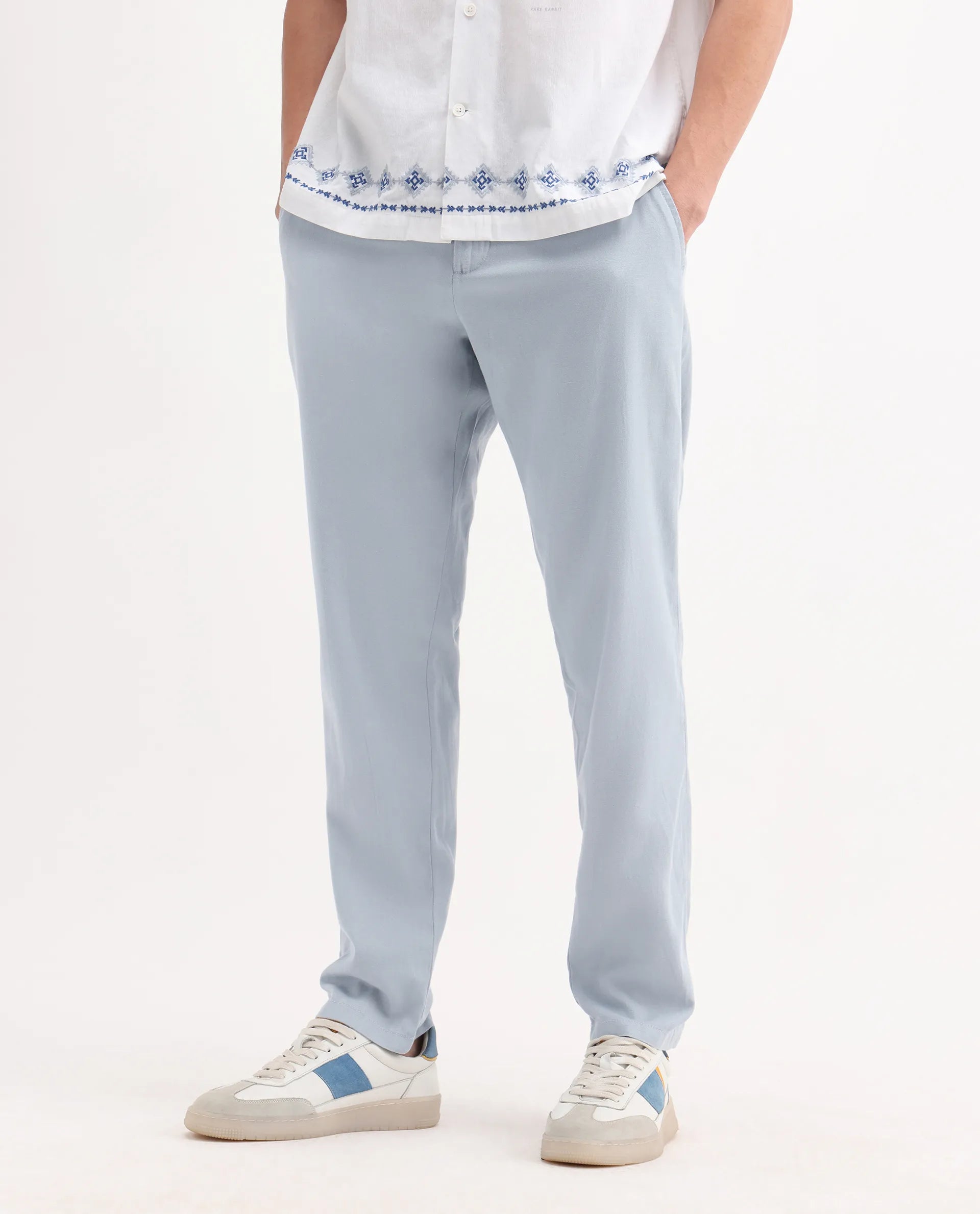 Rare Rabbit Men's Reric Pastel Blue Linen Blend Plain Regular Fit Trouser