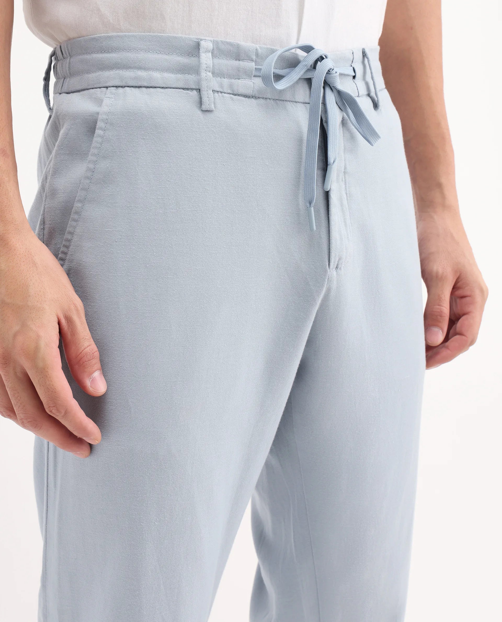 Rare Rabbit Men's Reric Pastel Blue Linen Blend Plain Regular Fit Trouser