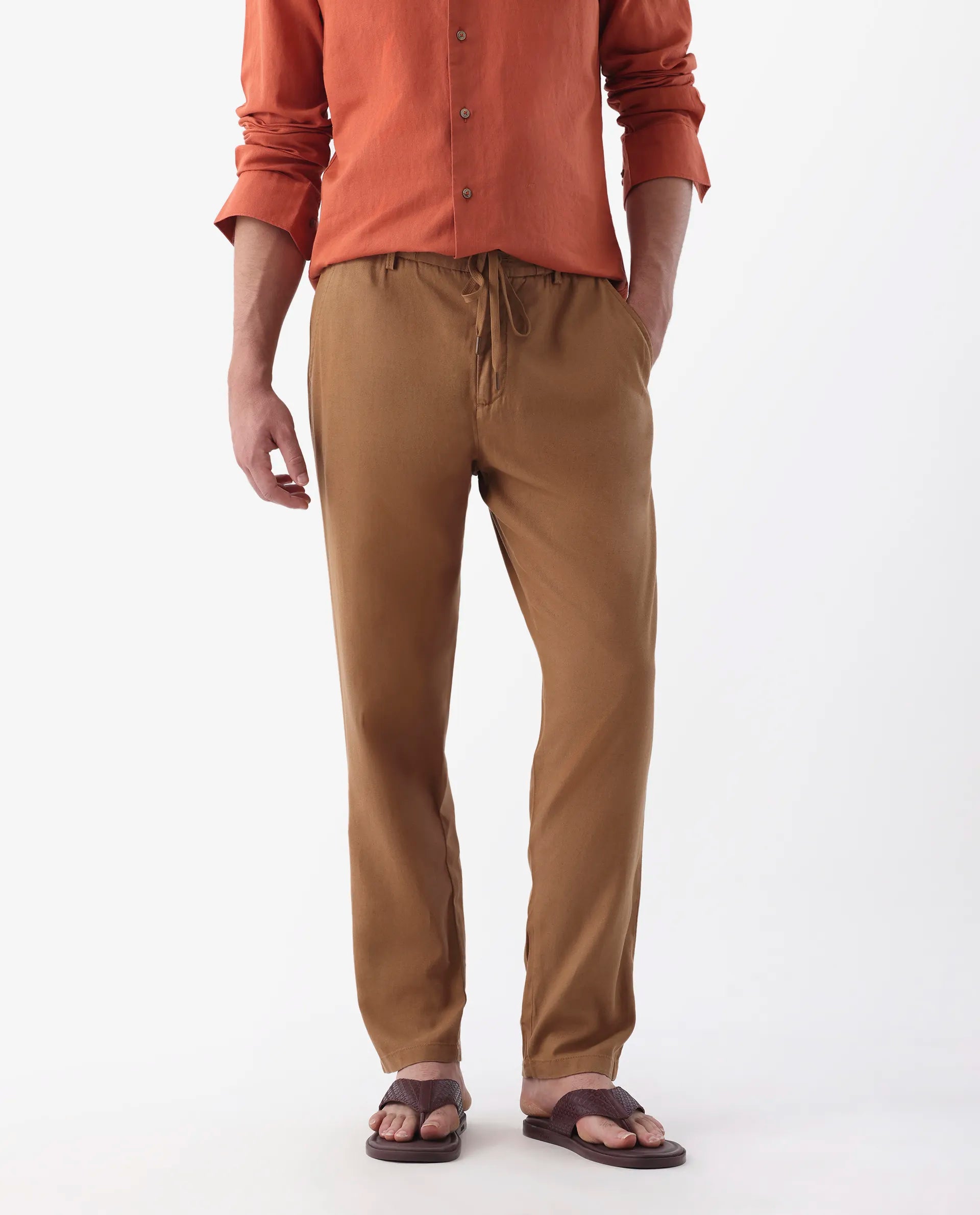 Rare Rabbit Men's Reric Pastel Brown Linen Blend Plain Regular Fit Trouser