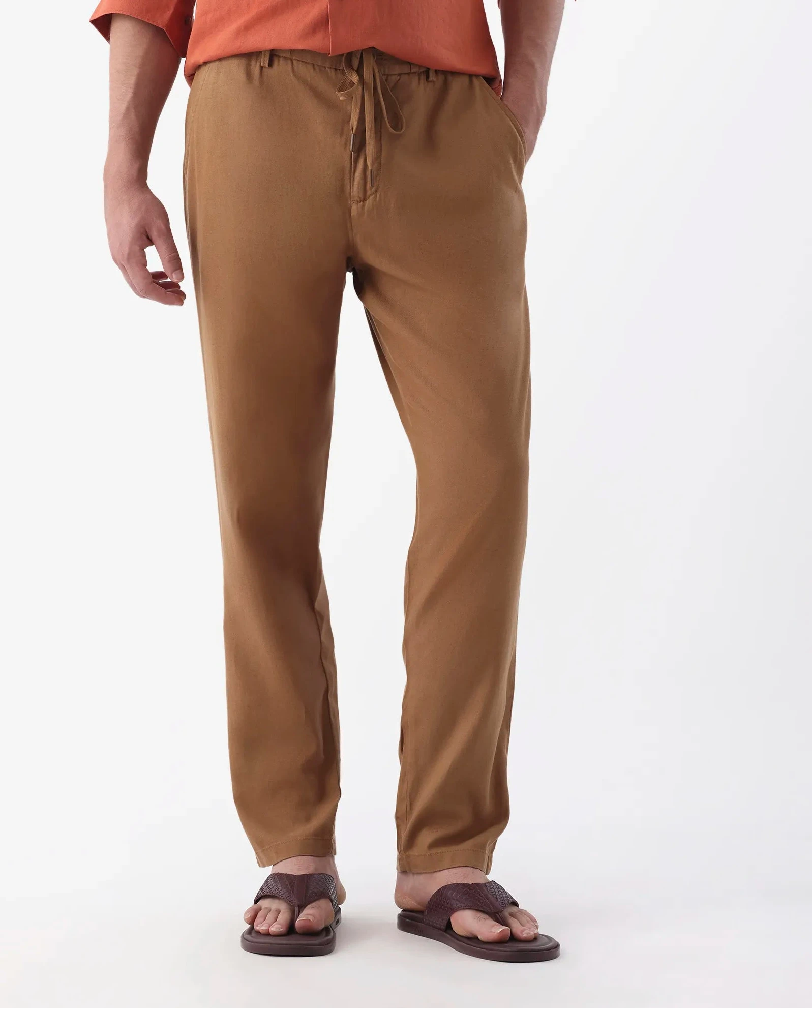 Rare Rabbit Men's Reric Pastel Brown Linen Blend Plain Regular Fit Trouser