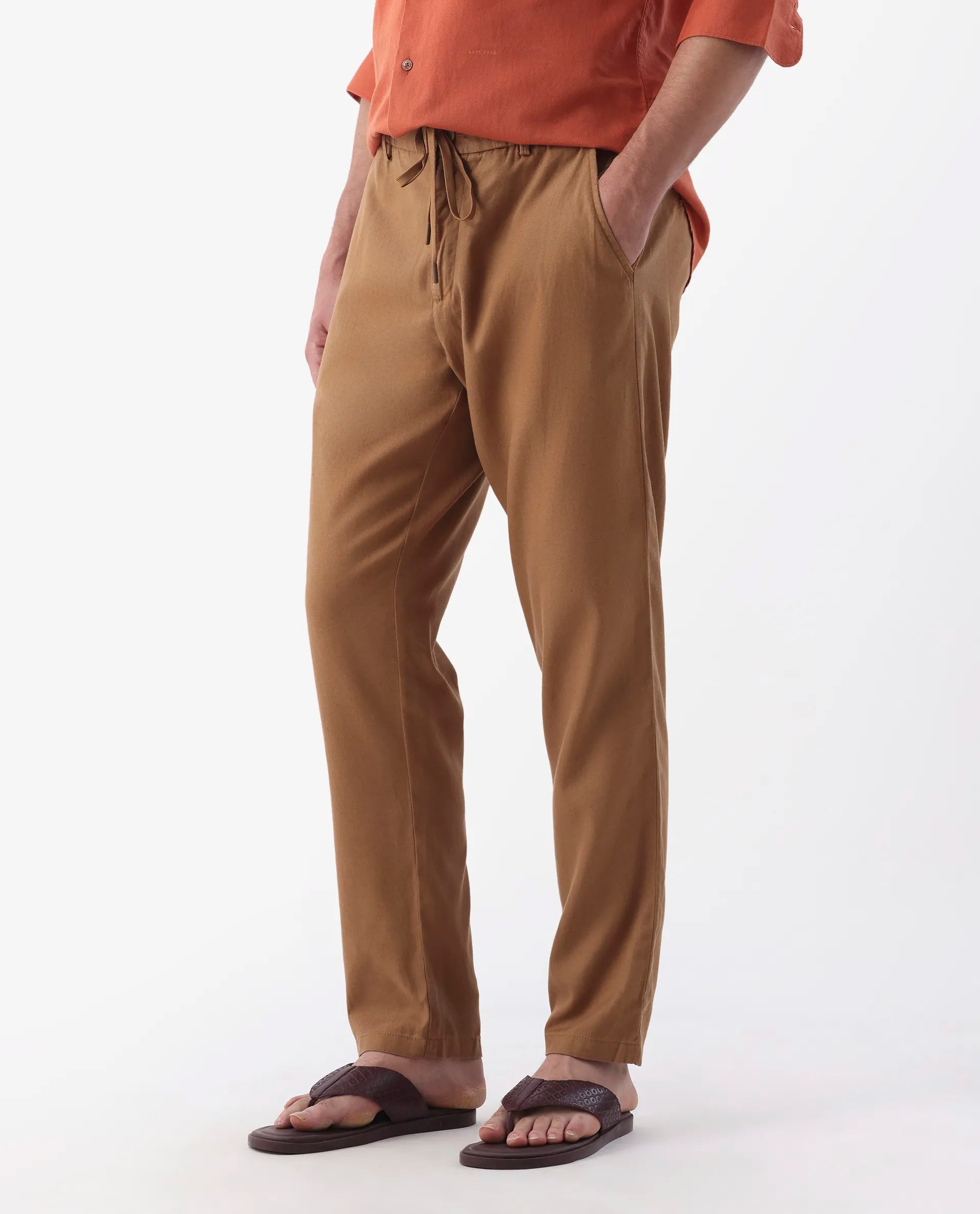 Rare Rabbit Men's Reric Pastel Brown Linen Blend Plain Regular Fit Trouser