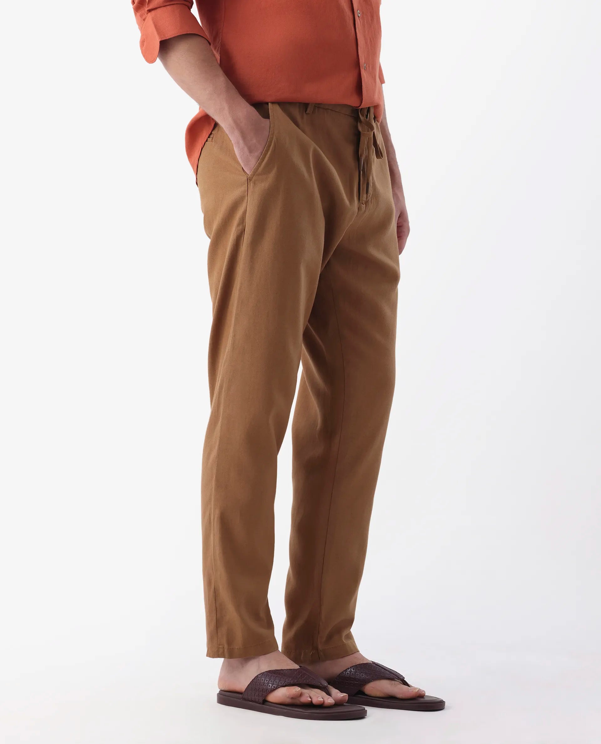 Rare Rabbit Men's Reric Pastel Brown Linen Blend Plain Regular Fit Trouser