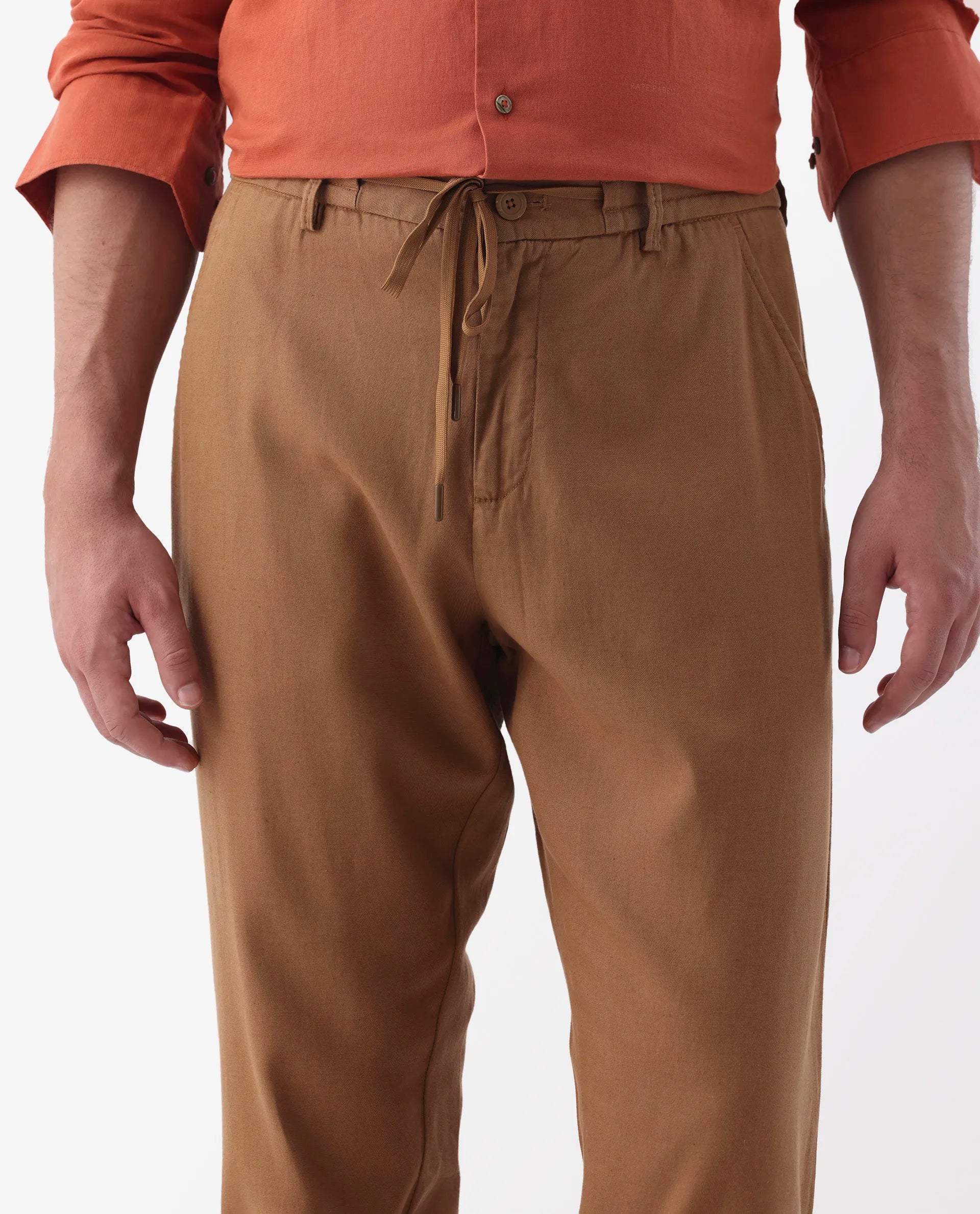 Rare Rabbit Men's Reric Pastel Brown Linen Blend Plain Regular Fit Trouser