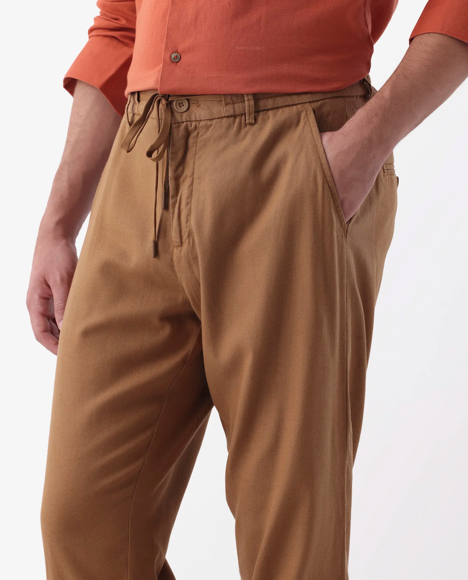 Rare Rabbit Men's Reric Pastel Brown Linen Blend Plain Regular Fit Trouser