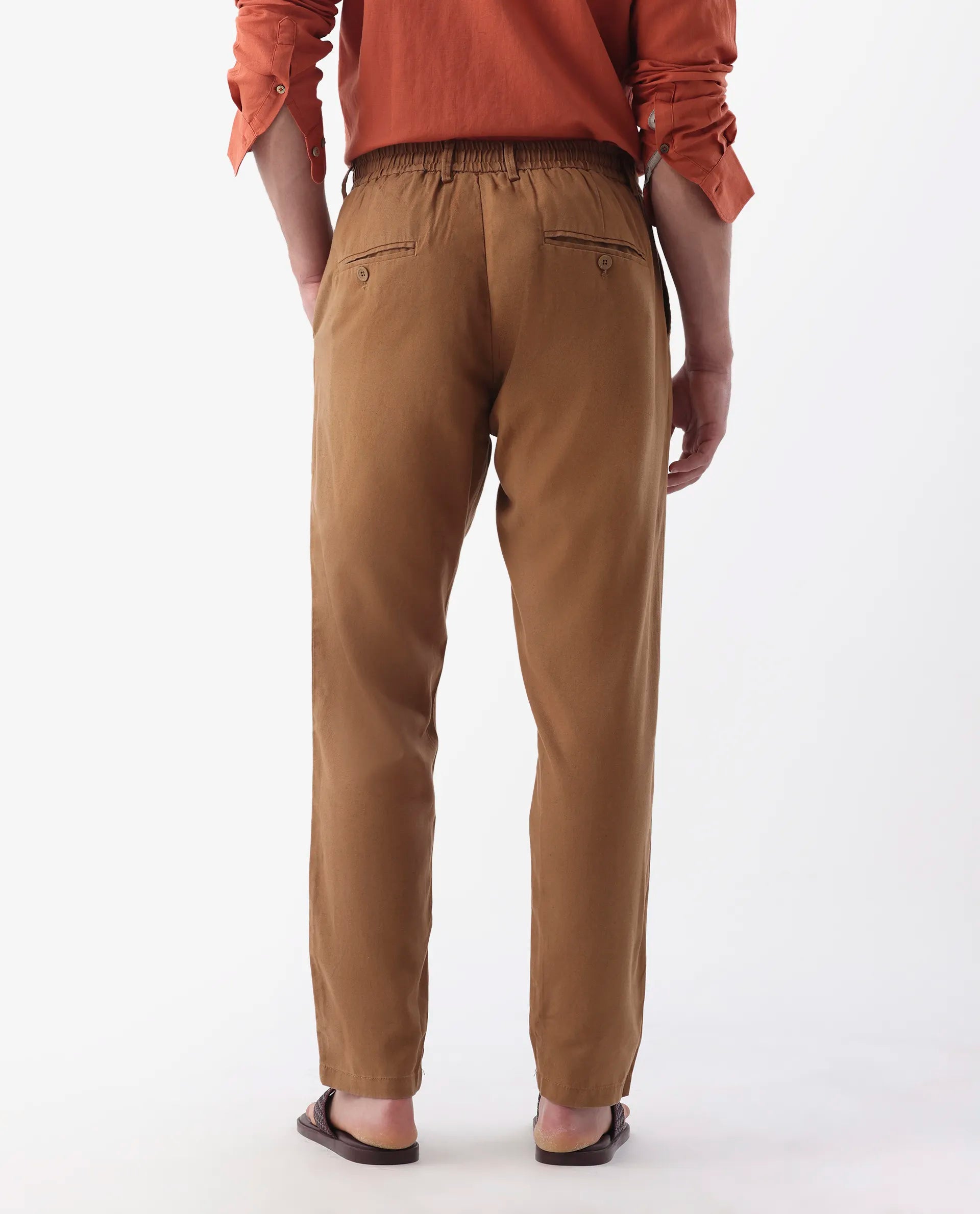 Rare Rabbit Men's Reric Pastel Brown Linen Blend Plain Regular Fit Trouser