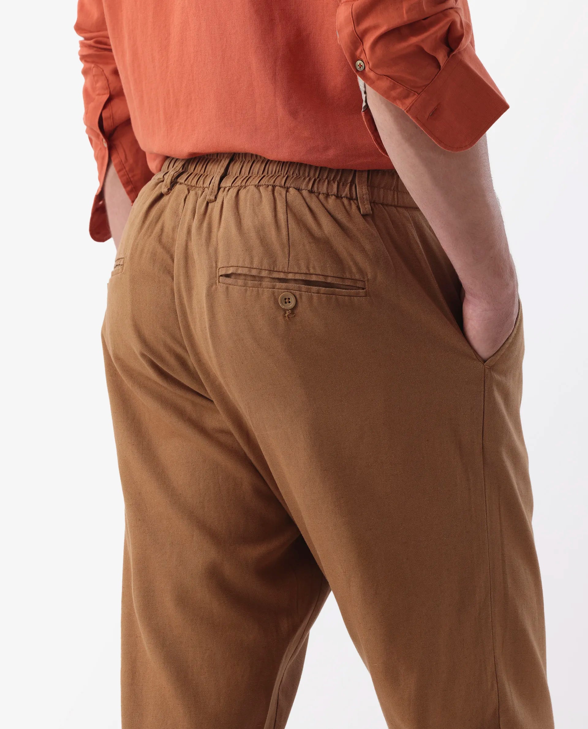 Rare Rabbit Men's Reric Pastel Brown Linen Blend Plain Regular Fit Trouser