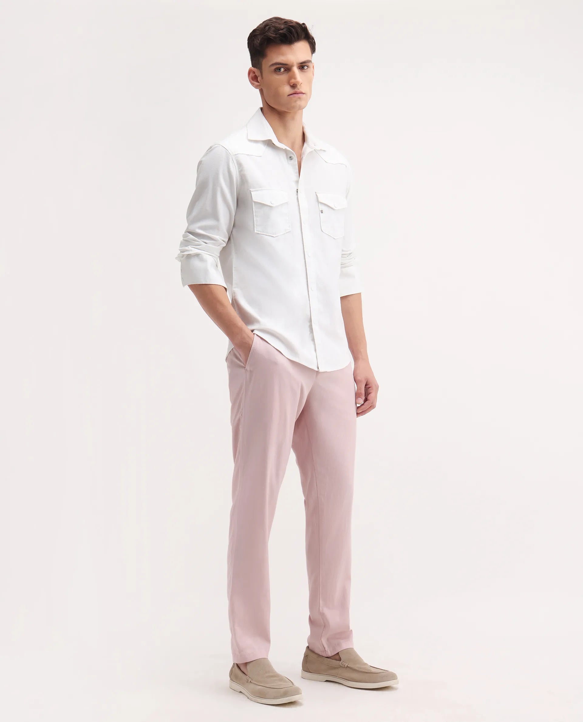 Rare Rabbit Men's Reric Pastel Pink Linen Blend Plain Regular Fit Trouser