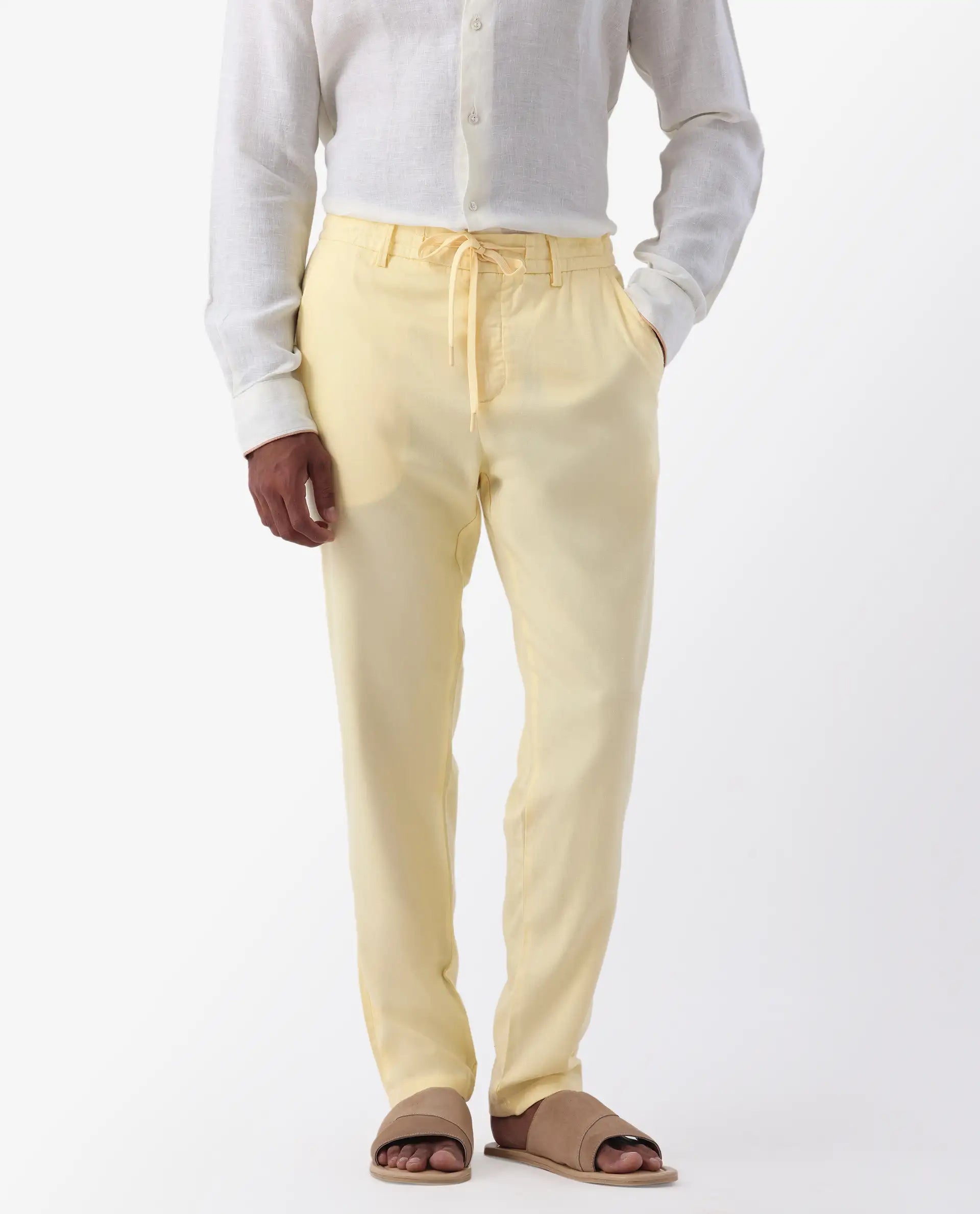 Rare Rabbit Men's Reric Pastel Yellow Linen Blend Plain Regular Fit Trouser